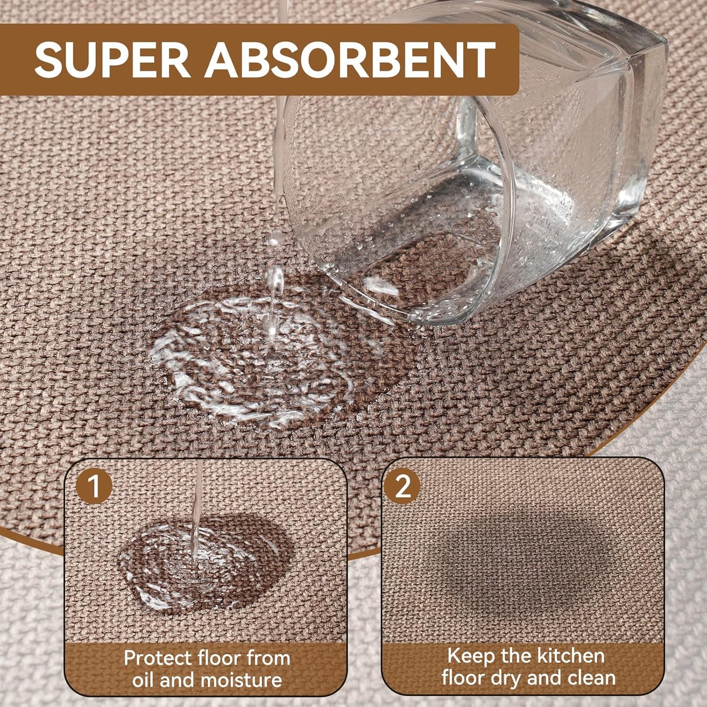 Kitchen Mats for Floor Kitchen Rugs Non Slip Washable, Super Absorbent Oil and Water Linen-Look Woven Runner Rug, Kitchen Sink Mat Standing Mat, Brown 17"x47"