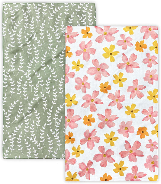 Kitchen Towels, 18" x 30" Tea Towels for Kitchen, Premium Microfiber Dish Towels for Kitchen Drying, Blush Garden Series, 2-Pack