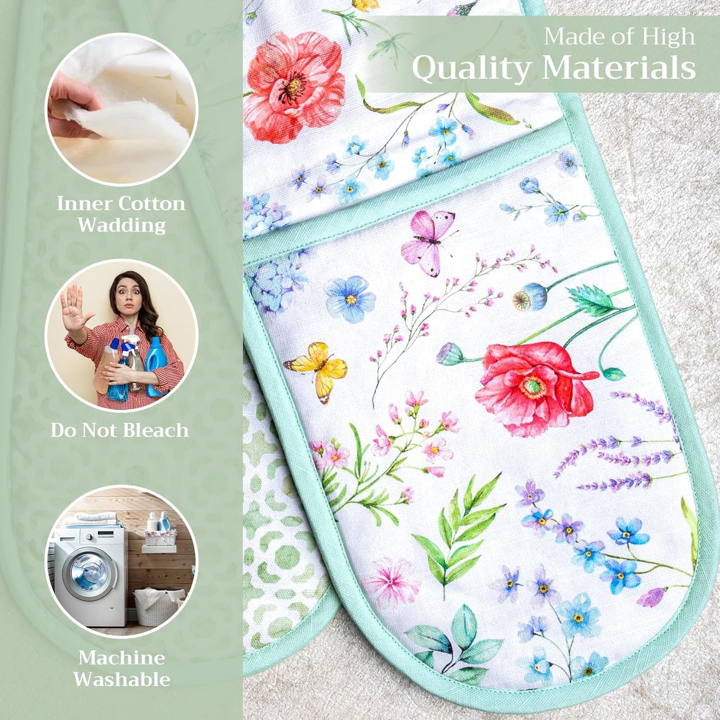 Maison d' Hermine Double Oven Mitts 100% Cotton 7"x35" Double Oven Mitt Heat Resistant BBQ Cooking Gloves with Loop, Baking, Grilling, Home, Kitchen, Handling Hot Pans Spring Summer (Just Floral).