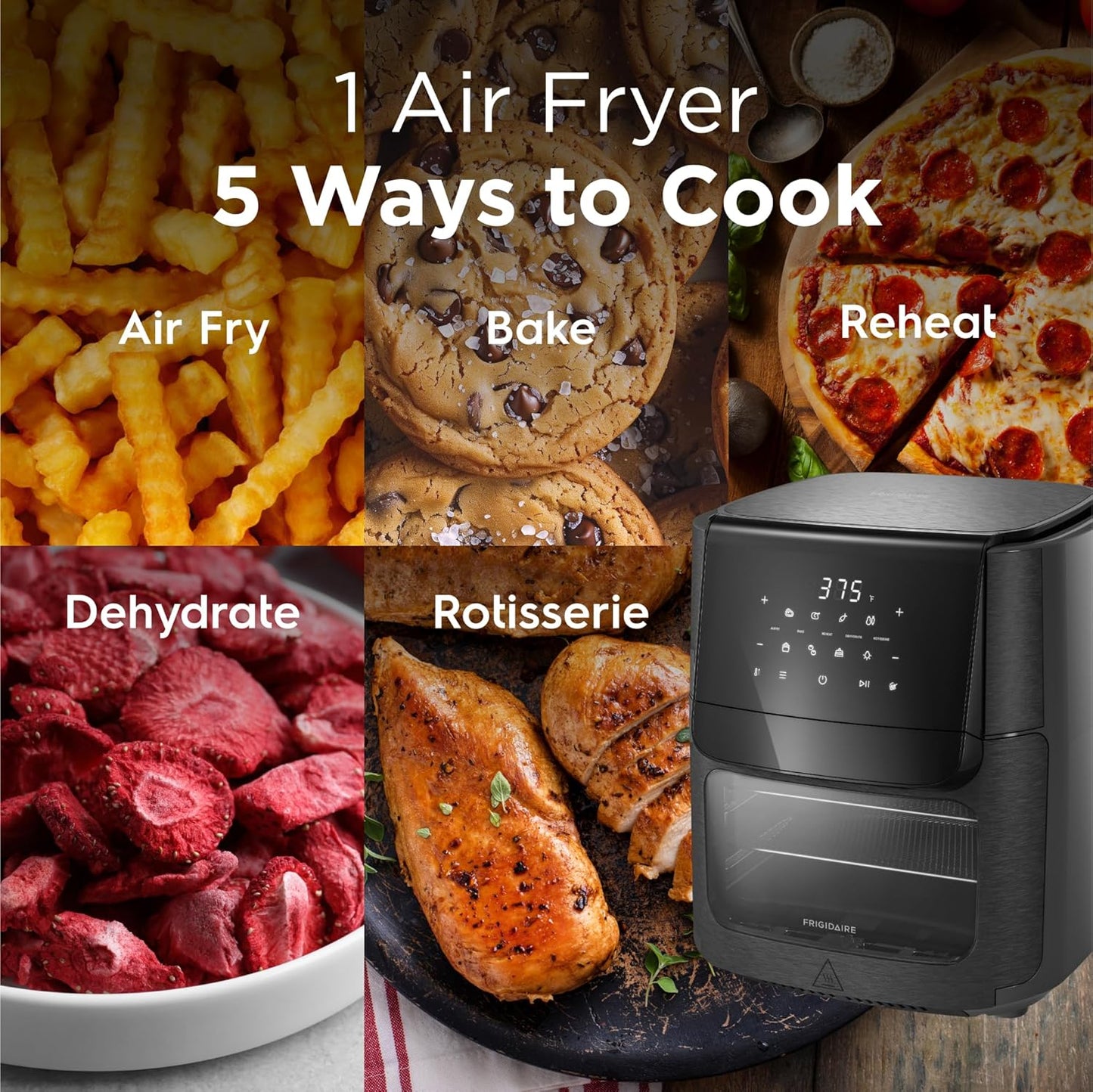 Frigidaire 5-in-1 Air Fryer Combo Oven with Viewing Window, Large 12.6 QT Capacity, Digital Display, 5 Cooking Modes, 7 Recipe Presets, Automatic Shake Reminder, PFAS-Free Cooking Surfaces, Black
