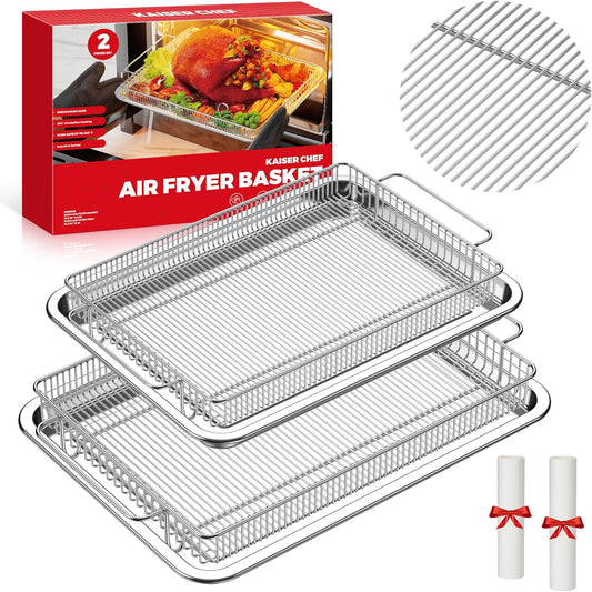 Air Fryer Basket for Oven,Ease Of Cleaning,Air Fryer Basket and Stainless Steel Baking Tray Pant Oven with 50 Sheets Parchment Papers,Air Fryer Pan Rack for Cooking Baking Dishwasher (2 Set M+L)