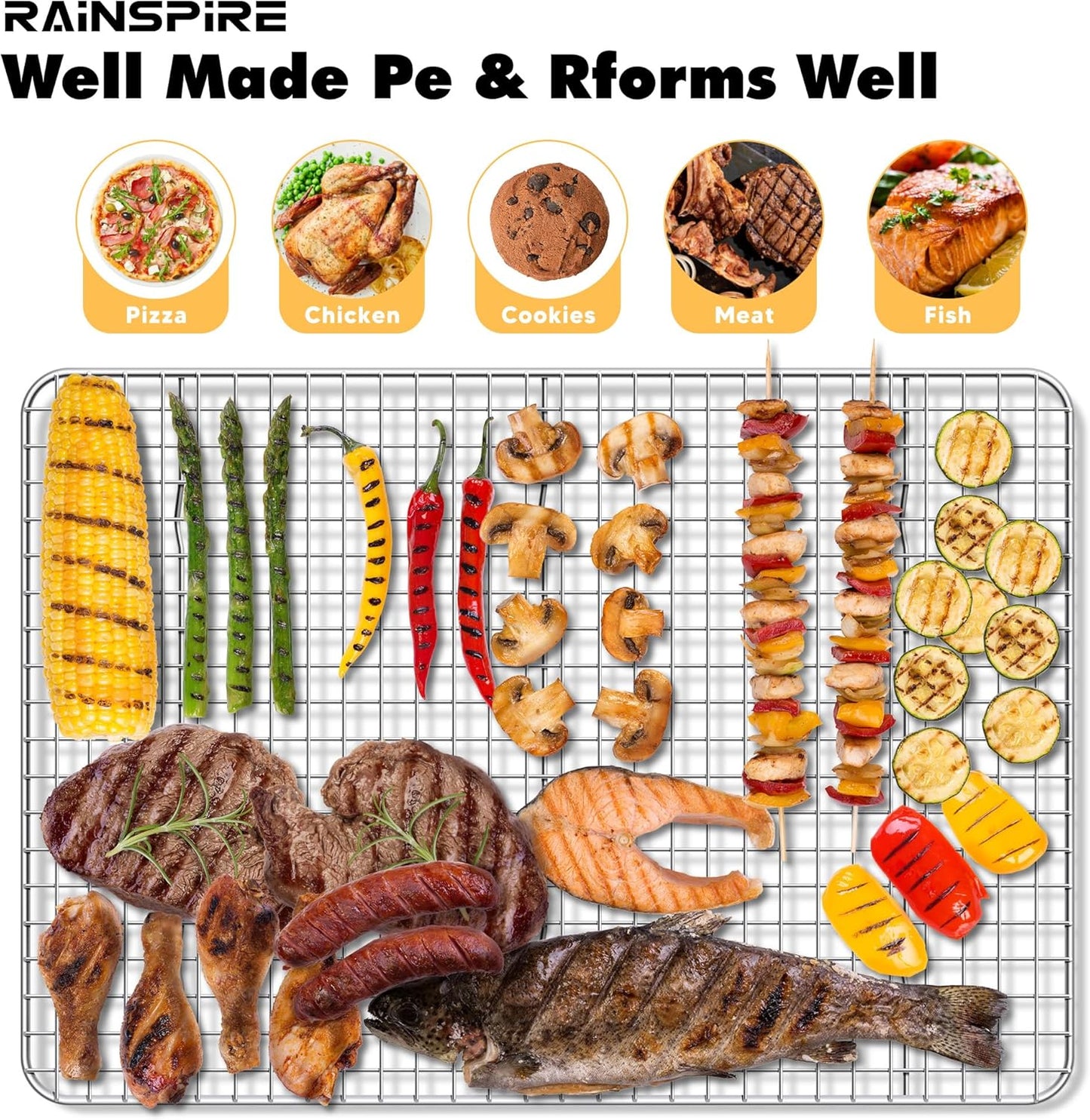 Oven-Safe Dishwasher-Safe 100% 304 Stainless Steel Cooling Rack 10" x 15" Heavy Duty Tight-Wire Set of 2 Fits Jelly Roll Pan Half Sheet Pan