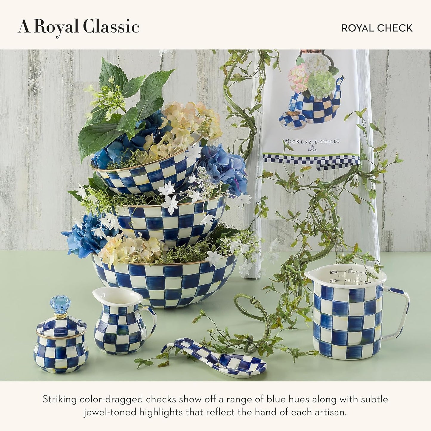 MACKENZIE-CHILDS Enamel Everyday Bowl, Serving Bowl for Entertaining, Extra-Large, Blue-and-White Royal Check, Set of 1