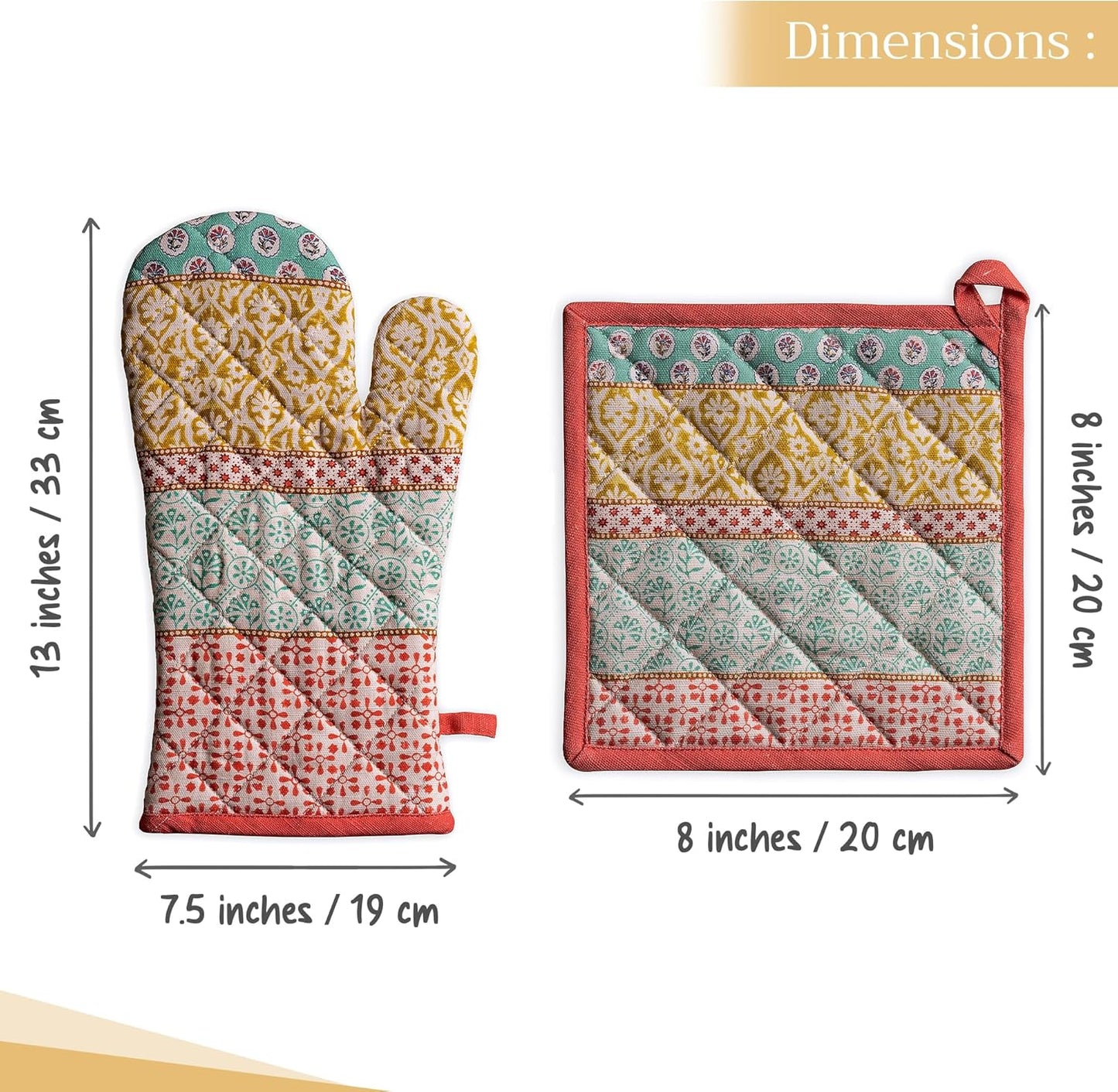 Maison d' Hermine 100% Cotton Oven Mitt & Pot Holder Set (7.5"x13" & 8"x8") Heat Resistant BBQ Cooking Gloves with Loop, Baking, Grilling, Kitchen, Handling Hot Pans Spring/Summer (Provence)