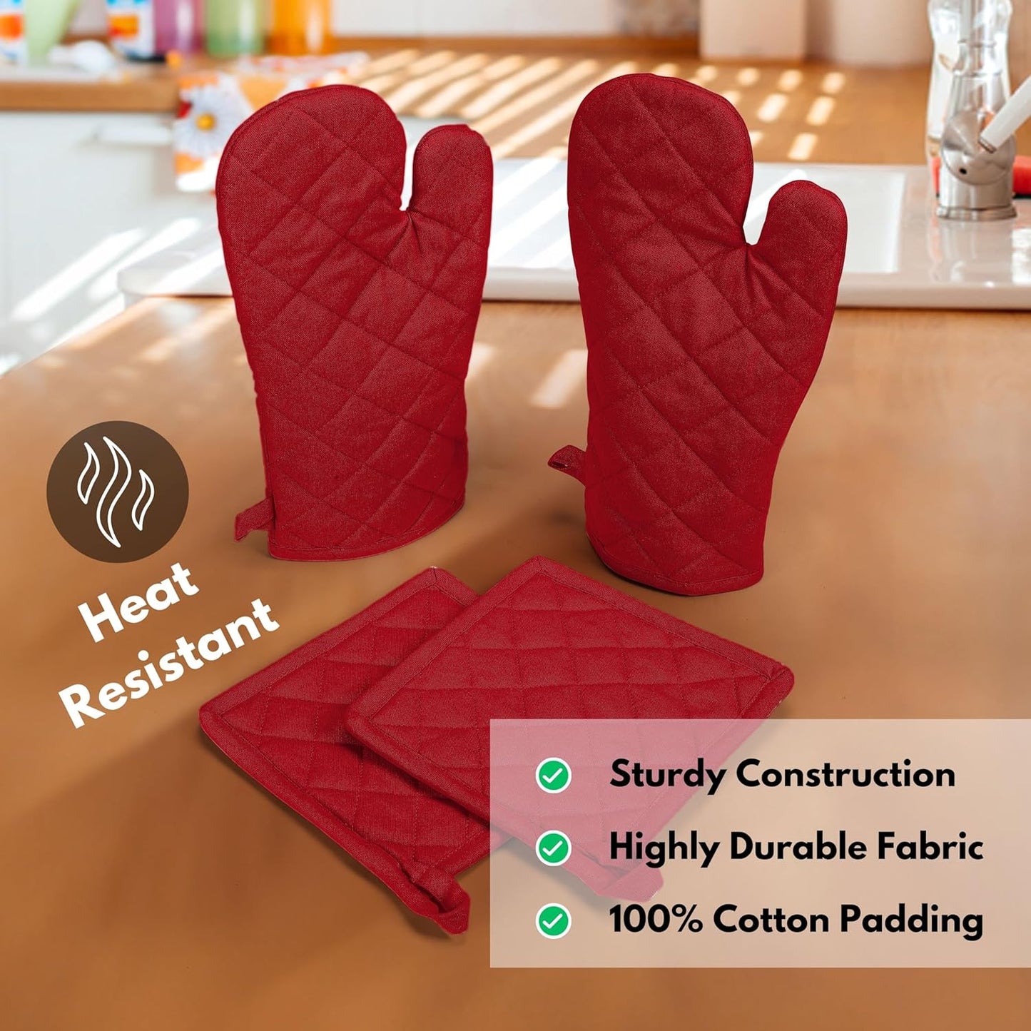 Native Fab Pot Holders and Oven Mitts Sets for Kitchen Heat Resistant - Hanging Non-Slip - 100% Cotton Kitchen Oven Mitts and Pot Holders 4-Piece Set - Red