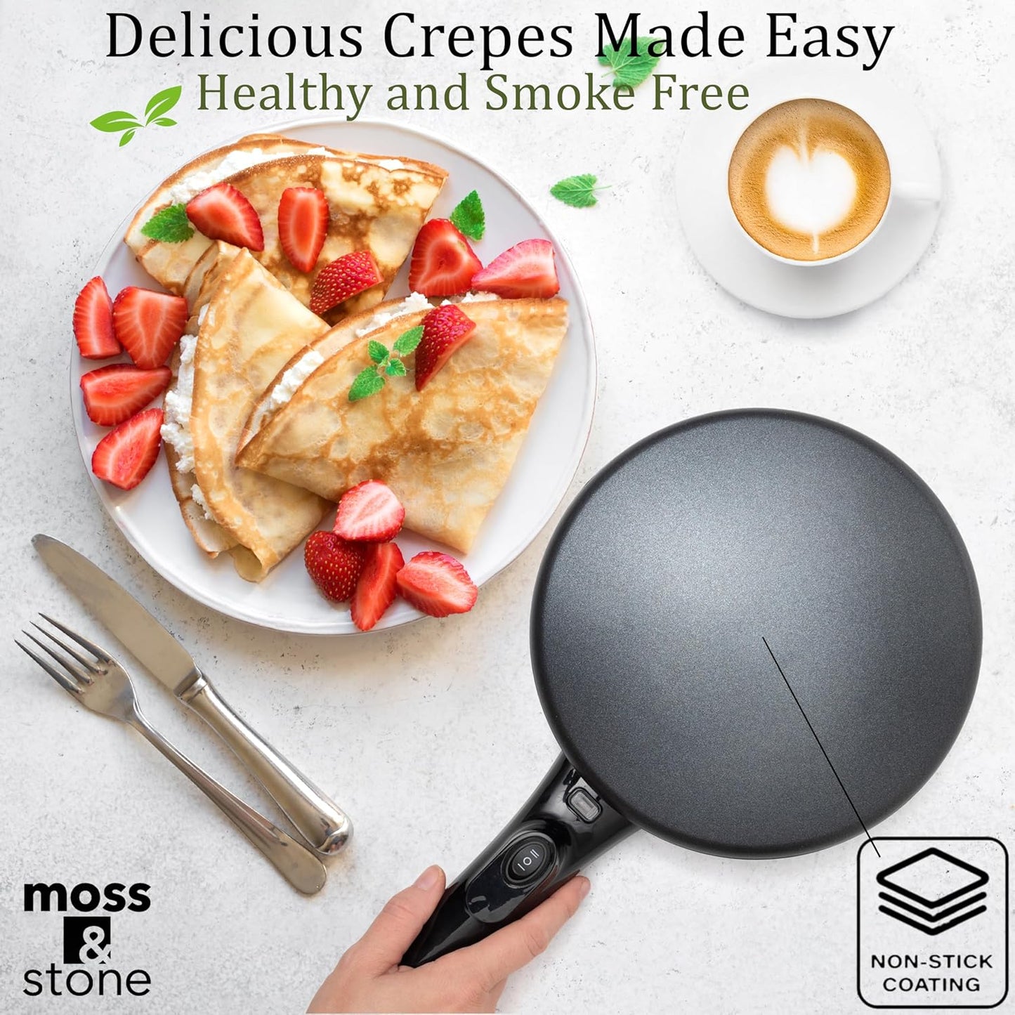 Moss & Stone Cordless Electric Crepe Maker With Auto Power Off, On/Off Switch & Dual Temperature Setting, 8 Inch Portable Crepe Maker & Non-Stick Dipping Plate, Nonstick Coating Pan Apo