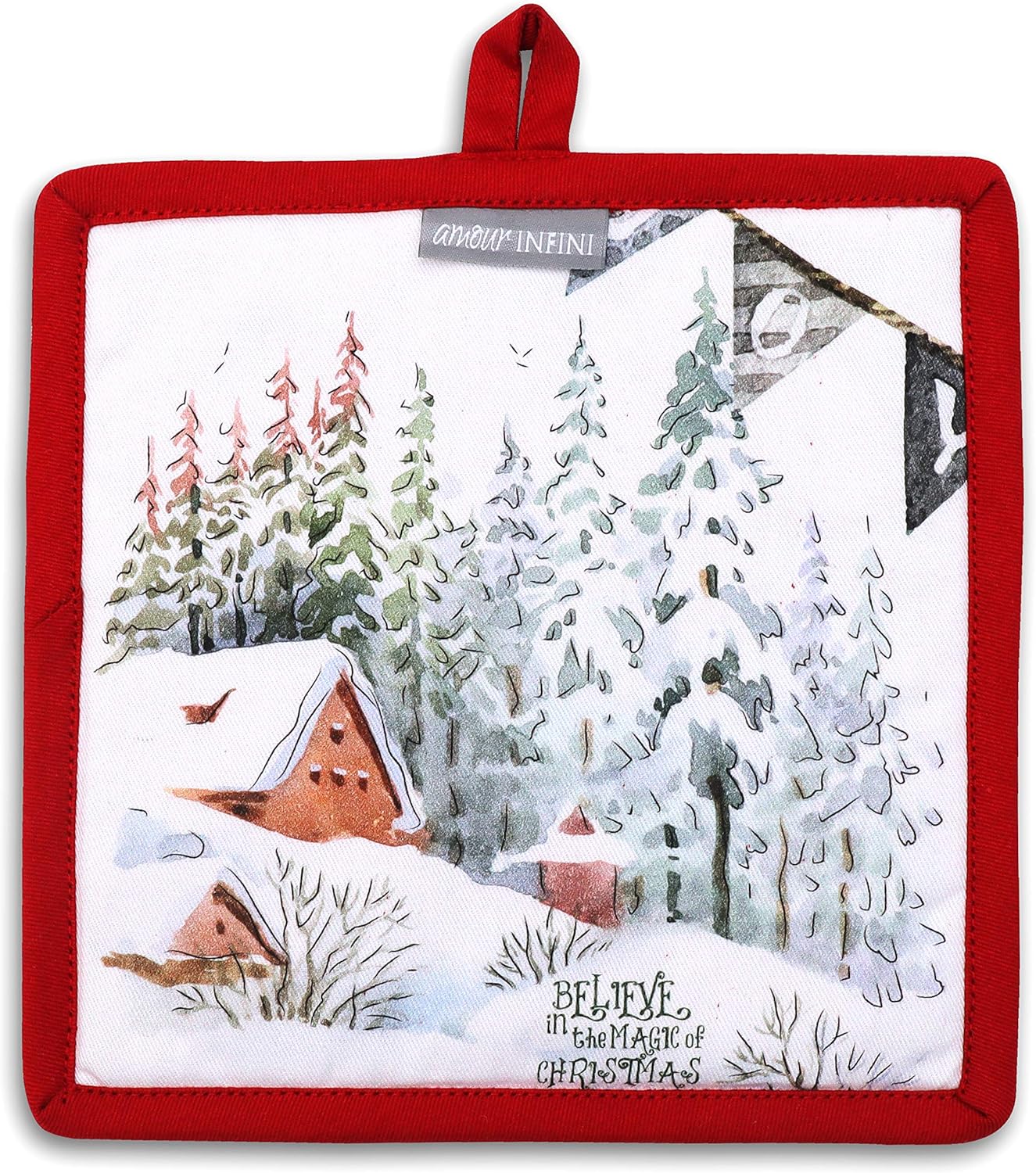 AMOUR INFINI Pot Holders Heat Resistant Cotton Set of 2 Nonslip 8"x8" Inch Hot Pads for Kitchen, BBQ, Baking & Cooking with Hanging Loops (Christmas Winter)