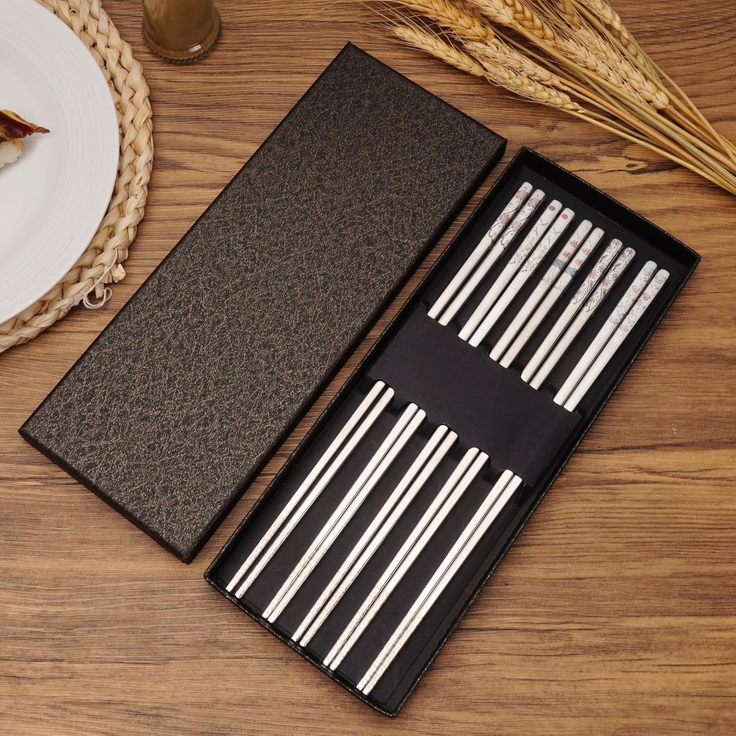 Stainless Steel Chopsticks, Titanium Plated Metal Chopsticks, 9.8" Premium Japanese Korean Color Laser Engraved Cooking Chop Sticks, Dishwasher Safe, Reusable, Anti-slip, Anti-scald, 5 Pairs Gift Set