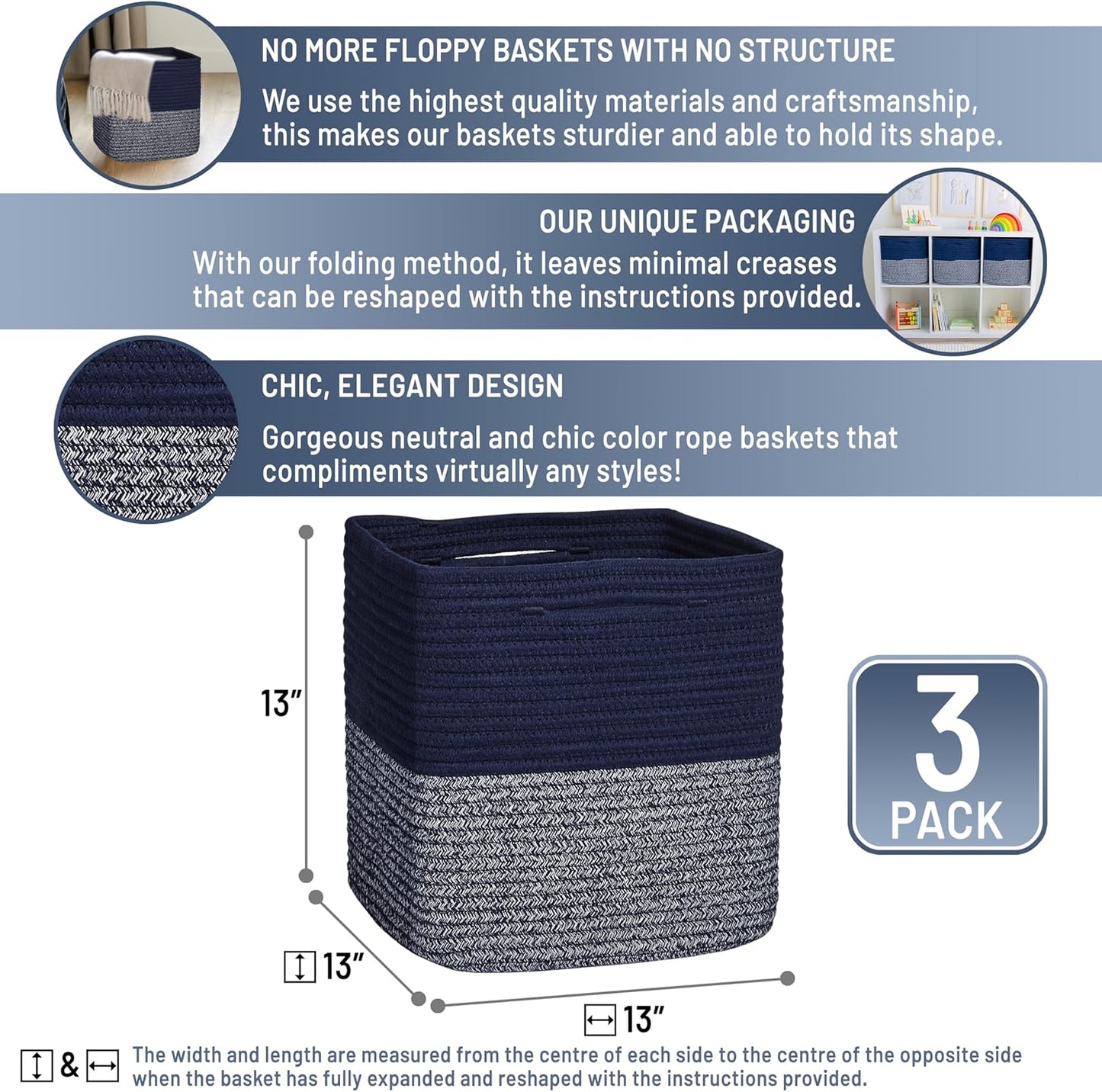 NaturalCozy 13 Inch Cube Storage Bins Cotton Rope Woven Baskets for Organizing 3-Pack | 13 x 13 Storage Cubes | Fabric Square Storage Baskets for Shelves Organizer, Kids Toy Bins, Closet Baby Nursery