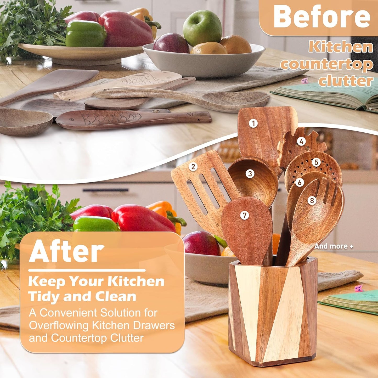 Wooden Utensil Holder for Kitchen: Wood Utensil Crocks for Farmhouse Decor - Kitchen Tool Storage for Countertop