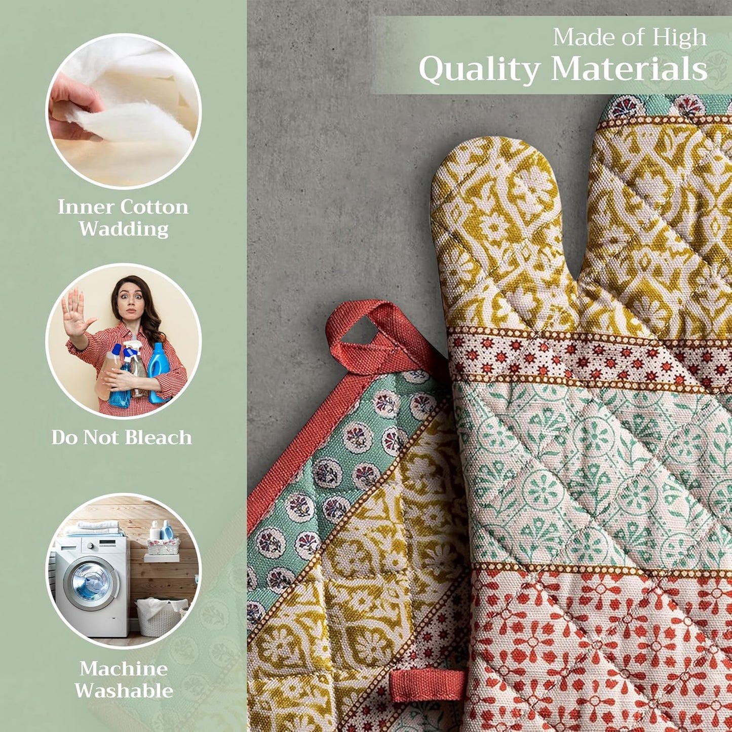 Maison d' Hermine 100% Cotton Oven Mitt & Pot Holder Set (7.5"x13" & 8"x8") Heat Resistant BBQ Cooking Gloves with Loop, Baking, Grilling, Kitchen, Handling Hot Pans Spring/Summer (Provence)