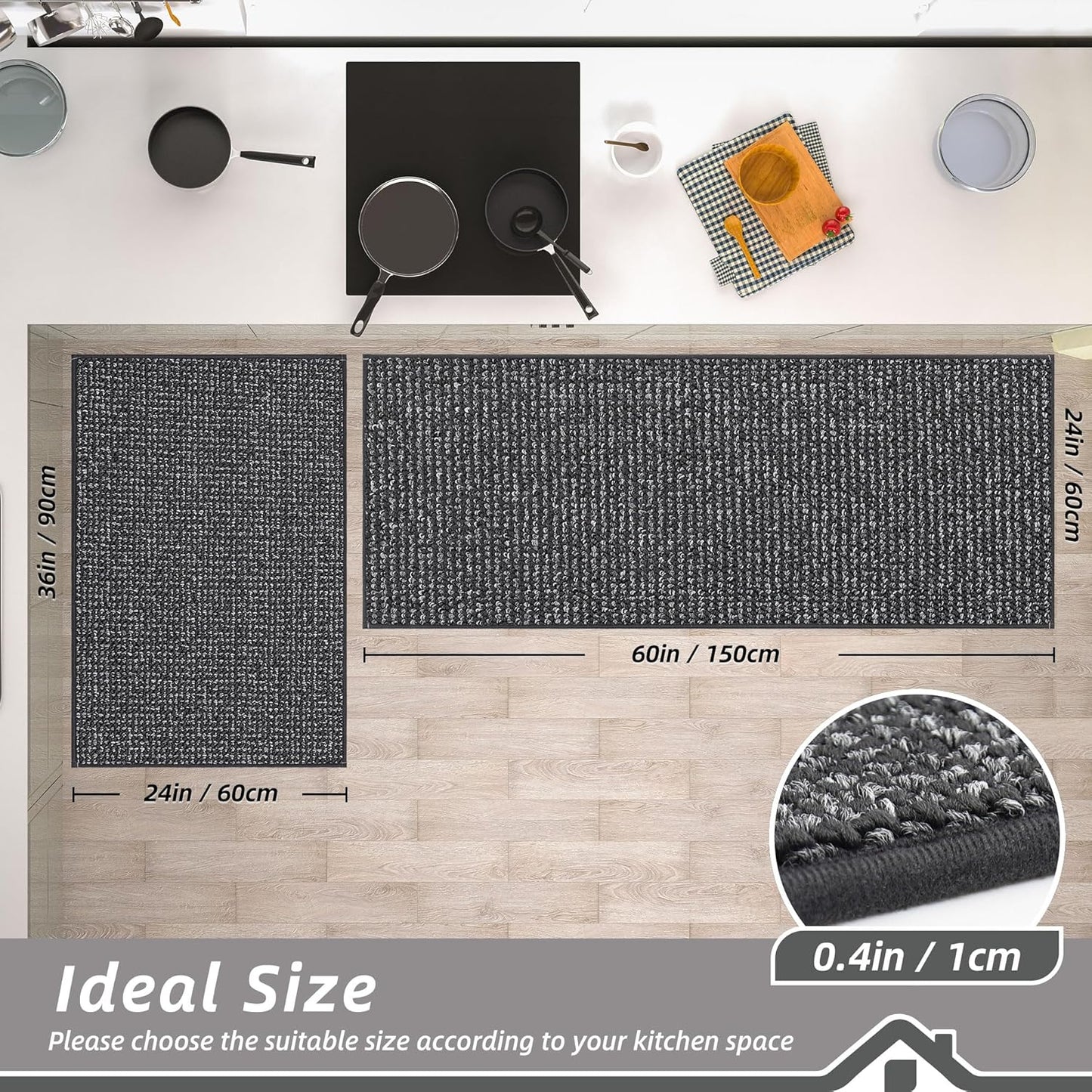 BEQHAUSE Kitchen Rugs and Mats 2PCS, Non-Slip Kitchen Mats for Floor, Absorbent and Stain Resistant Kitchen Runner, Machine Washable Rugs for Kitchen, Laundry & Sink, 24"x36"+24"x60", Charcoal