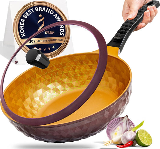 Diamond X Premium Non Stick Wok Pan with Lid - 11" Large Flat Bottom Chinese Wok - Woks & Stir-fry Pans Nonstick - Titanium-Coated 8-Layered Korean Engineered Skillet for Frying, Oil-Free, PFOA-Free