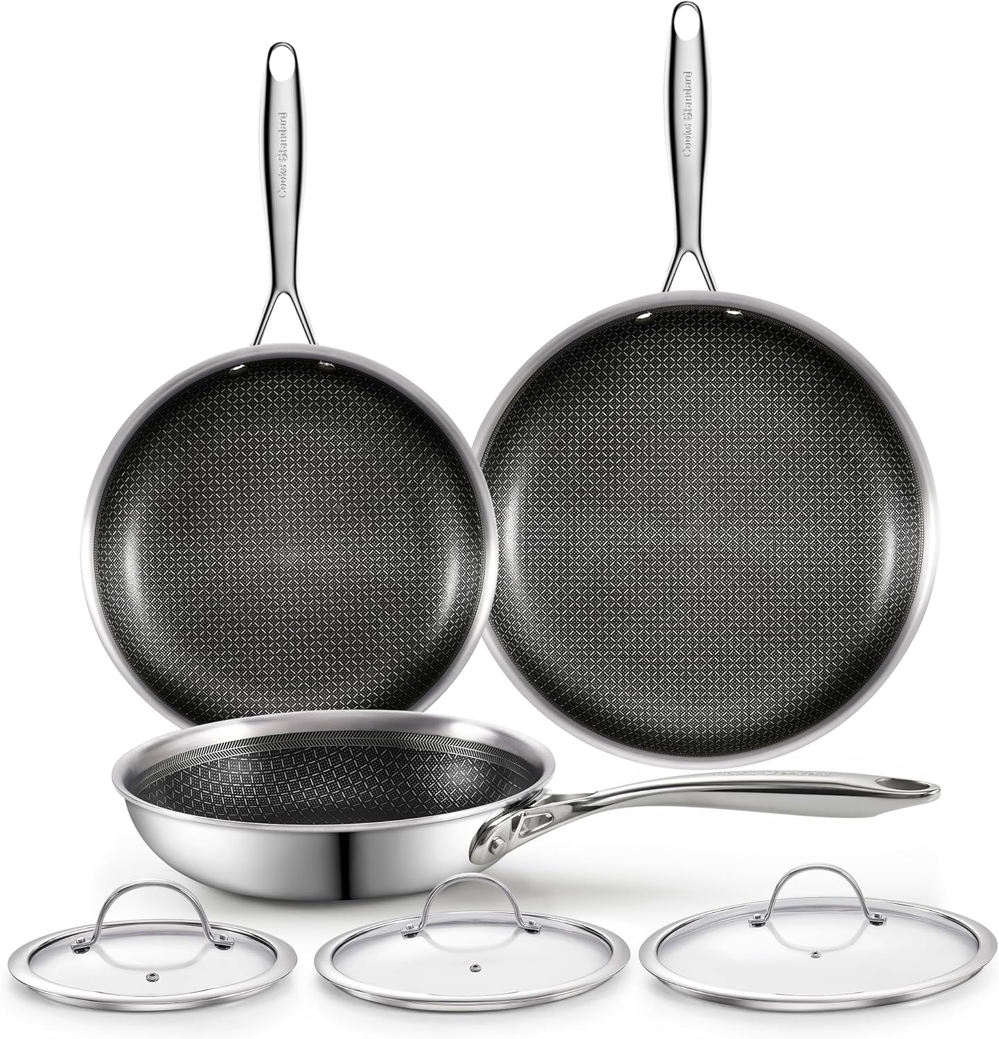 Cooks Standard Hybrid Nonstick Frying Pan Set, 8, 10 and 12-Inch Multi-Ply Clad Stainless Steel 3 Piece Skillet with Tempered Glass Lids, Oven Safe, Compatible with All Stovetops