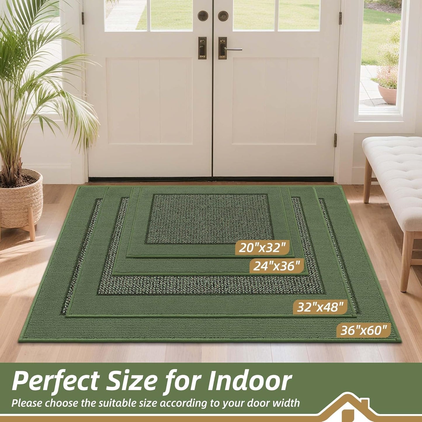 BEQHAUSE Indoor Door Mat 24" x 36", Dirt Trapper Door Mats Non-Slip Entryway Rugs Washable, Resist Dirt Absorbent Welcome Mat, Low Profile Floor Mats for Front Back Door and Entryway, Green
