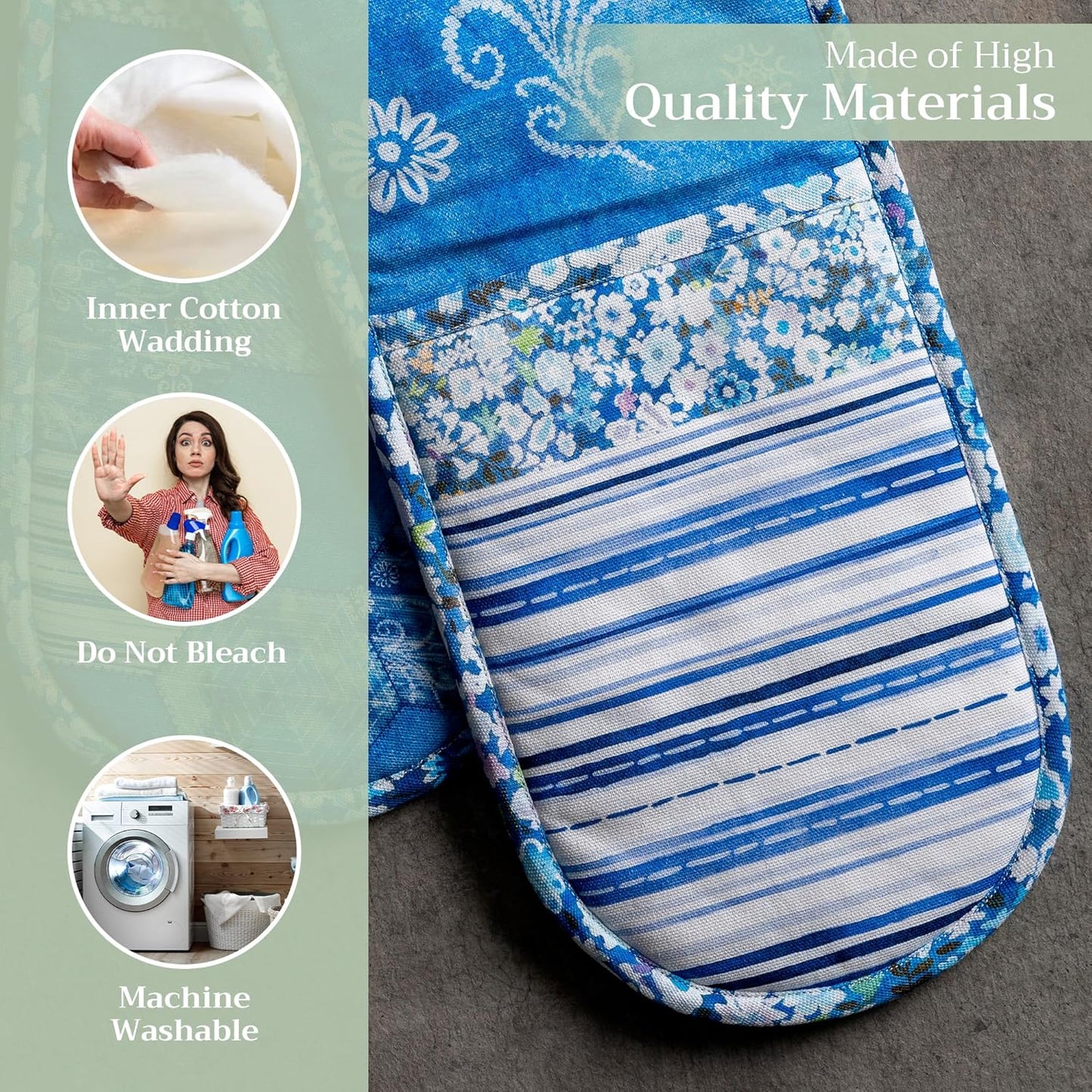 Maison d Hermine Summer Blue 100% Cotton Easter Double Oven Glove with Loop Heat Resistant for BBQ | Cooking | Baking | Grilling | Microwave | Barbecue | Spring/Summer (7.5 Inch by 35 Inch)