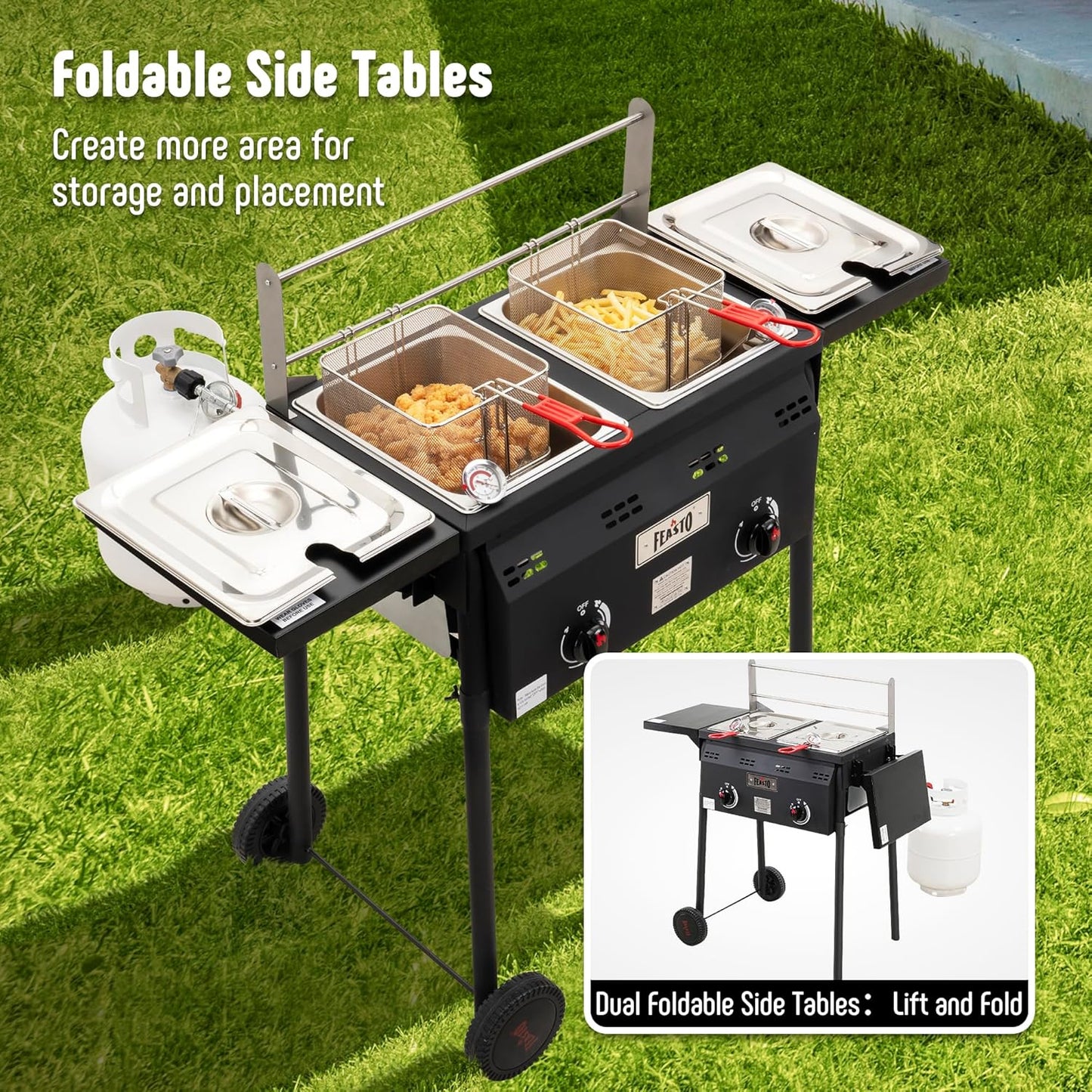 Outdoor Propane Deep Fryer,Dual Tank with Dual Independent Cast Iron Burners and Thermometers,Removable Fryer Pot,Baskets & Lids, Movable Propane Fryer Cart with Regulathor,50000 BTU