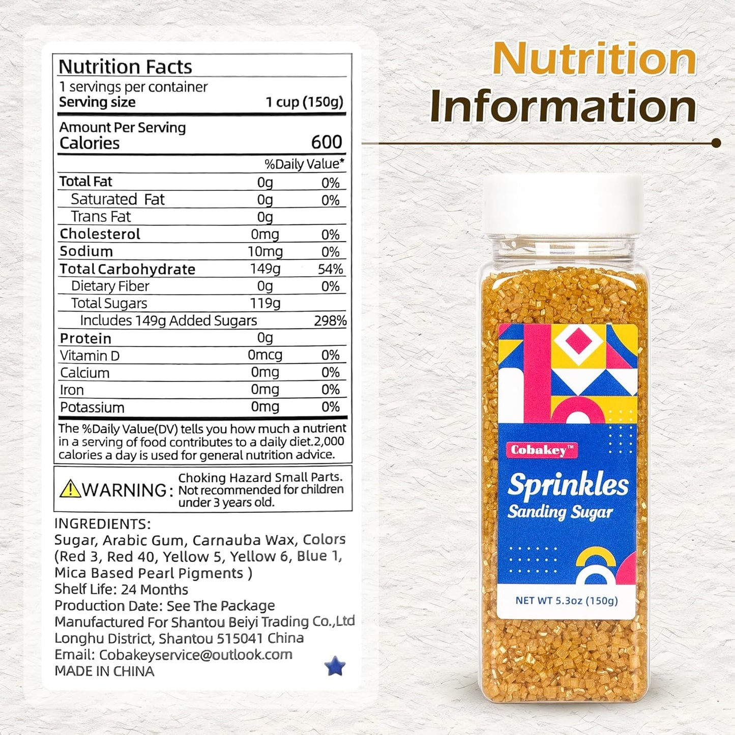 Gold Sprinkles, Gold Sanding Sugar Crystals, 5.3 oz Edible Sparkling Sugar for Baking Topping, Cupcakes, Cookies, Ice Cream Cake Decorating, Wedding Patriotic Party Christmas Supplies