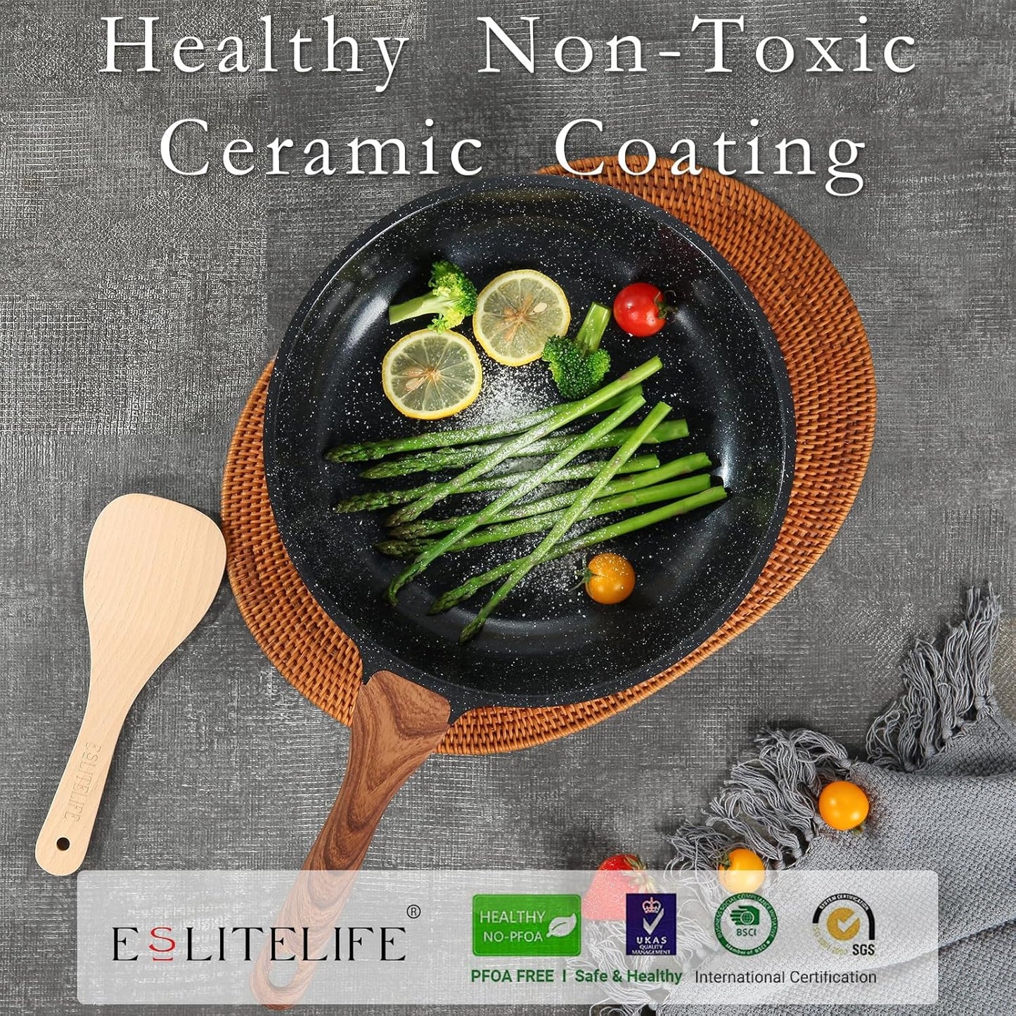 ESLITE LIFE Nonstick Ceramic Frying Pan Skillet, Non-Toxic Egg Omelette Kitchen Cooking Pans Compatible with All Stovetops (Gas, Electric & Induction), PTFE & PFOA Free (Black, 11'')