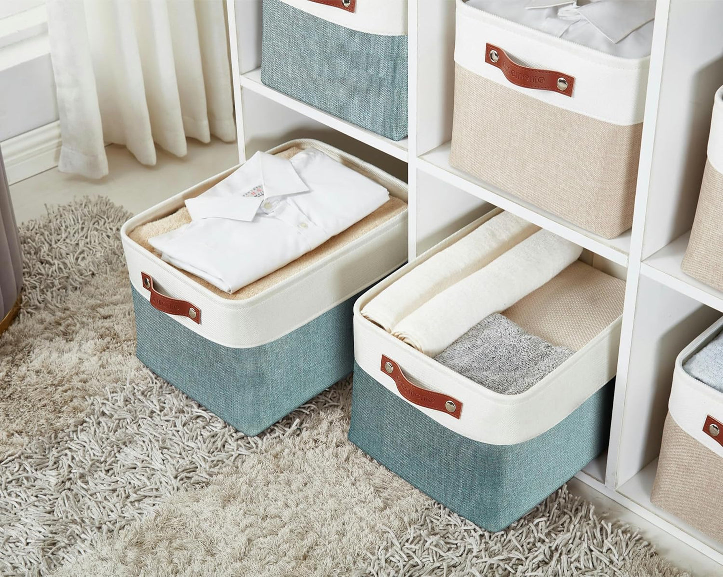 DECOMOMO Storage Baskets for Shelves - Fabric Storage Bins, Linen Closet Organizers and Storage (Green & White, Large - 3 Pack)