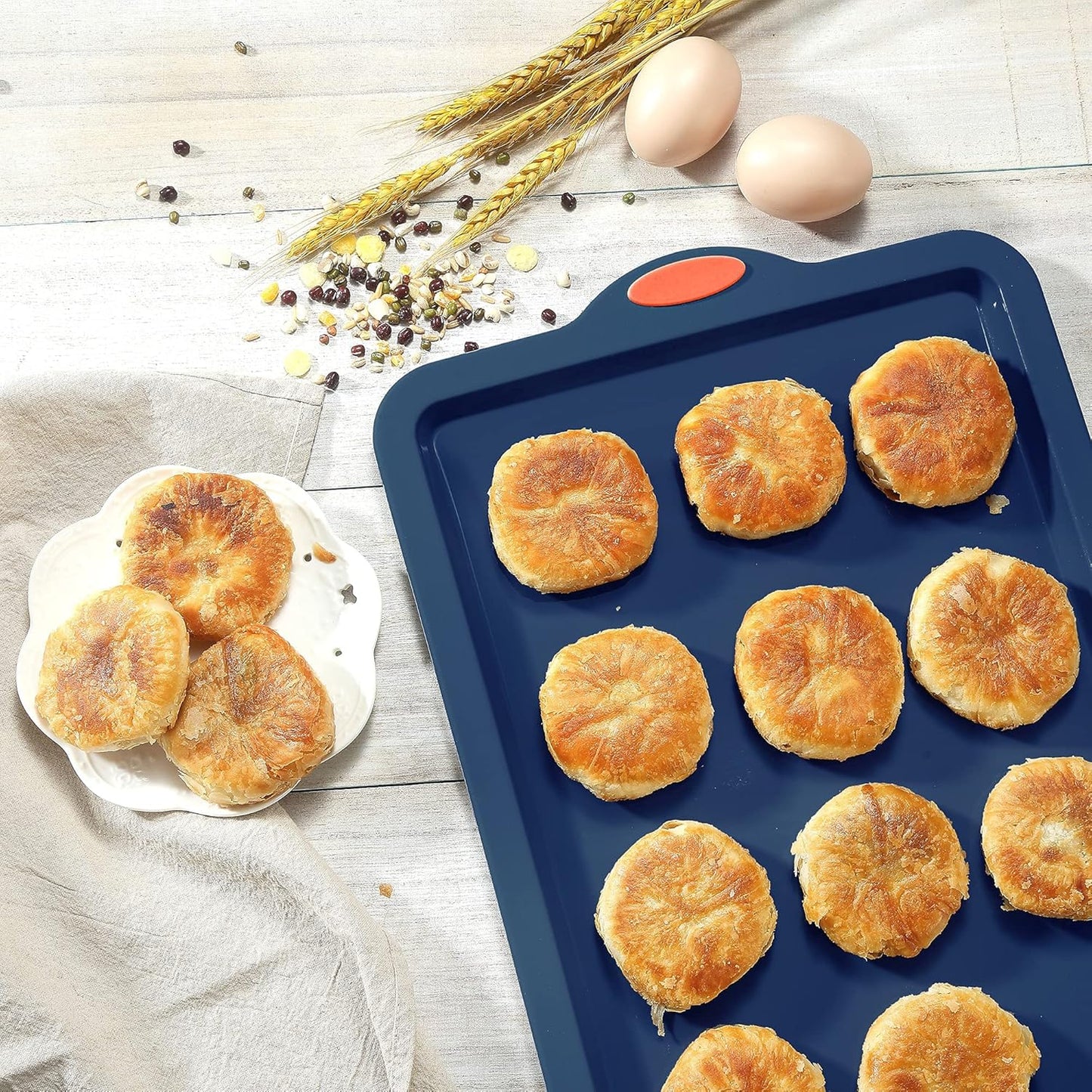 To encounter 8 in 1 Silicone Baking Set - 6 Cake Molds - 2 Silicone Baking Mat, Nonstick Cookie Sheet, Cake Muffin Bread Pan with Grips and Metal Reinforced Frame More Strength, Navy Blue