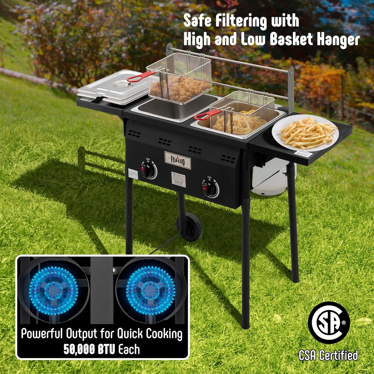 Outdoor Propane Deep Fryer,Dual Tank with Dual Independent Cast Iron Burners and Thermometers,Removable Fryer Pot,Baskets & Lids, Movable Propane Fryer Cart with Regulathor,50000 BTU