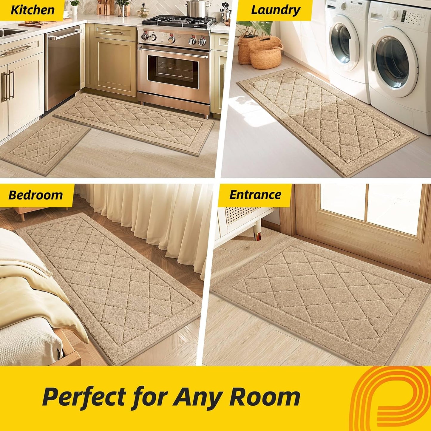 JSEI Non-Slip Kitchen Rugs, Self Adhesive No Sliding Kitchen Mats Set of 2, Soft Washable Absorbent Floor Mat for Kitchen, Bathroom, Laundry Room, Bedroom, 24”x36”+24”x60”, Beige, Diamond Pattern