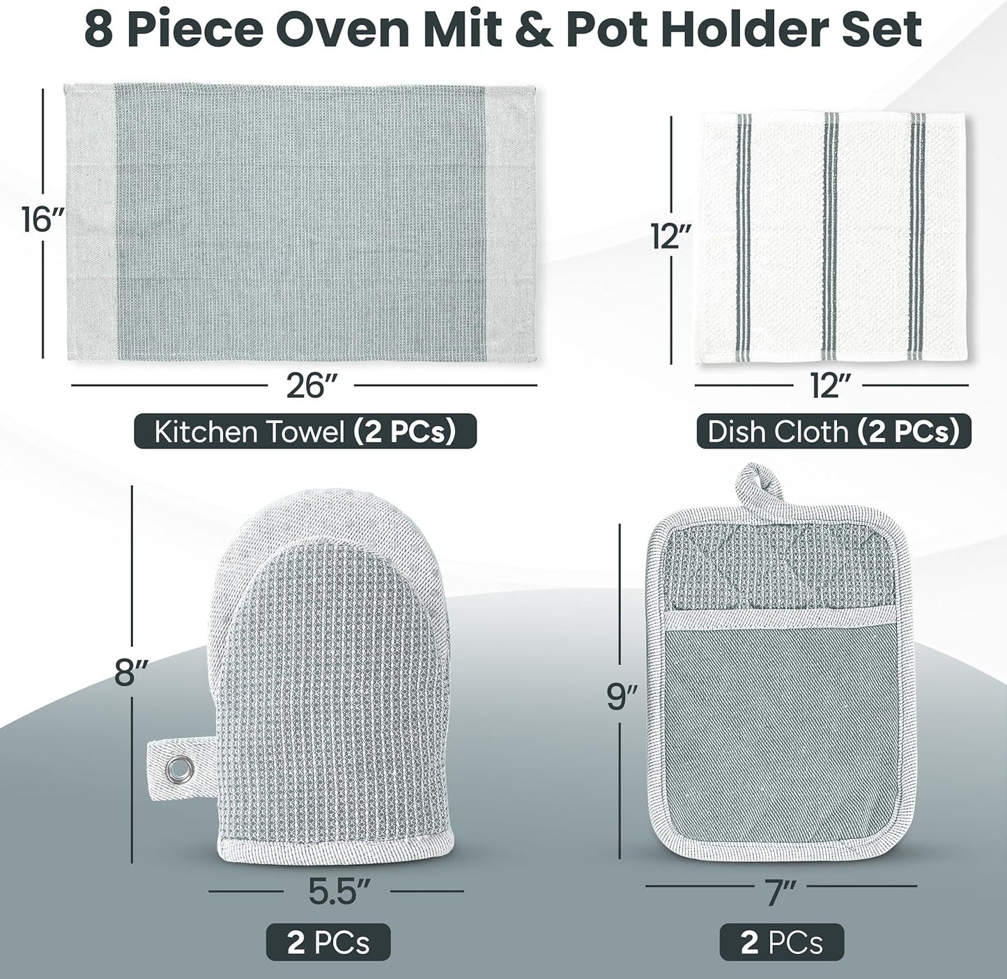 Casa Platino 8-Piece Mini Oven Mitt & Pot Holder Set – 500°F Heat Resistant with Silicone Grip, Includes 2 Kitchen Towels & 2 Dish Cloths for Drying – Non-Slip, Durable, Machine Washable – Grey