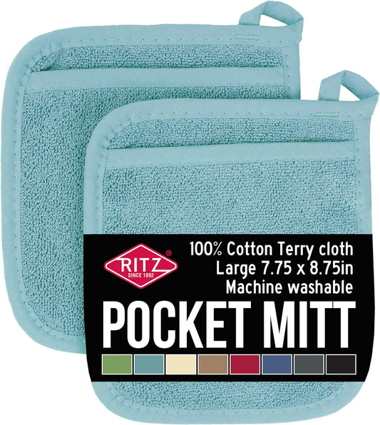 RITZ Terry Pocket Mitt & Hot Pad: Unparalleled Heat Resistant, Durable 100% Cotton – Ergonomically Designed for Optimal Grip – Easy-Care Machine Washable – 2-Pack, Dew