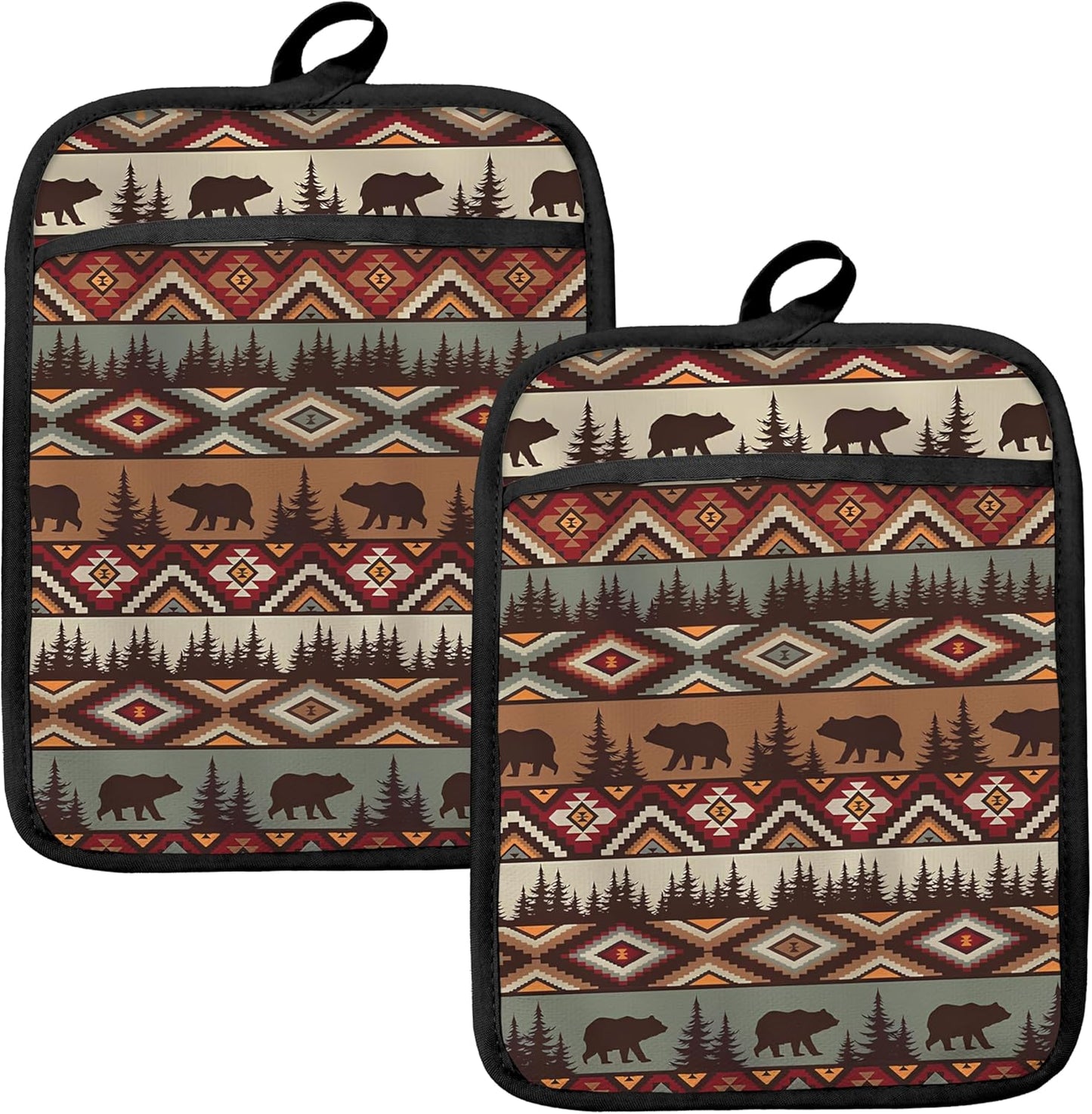Western Aztec Bear Oven Mitts Set, Camping Camper RV Gifts, Aztec Native Tribal Heat Resistant Kitchen Oven Gloves for Baking and Cooking,Pot Holders