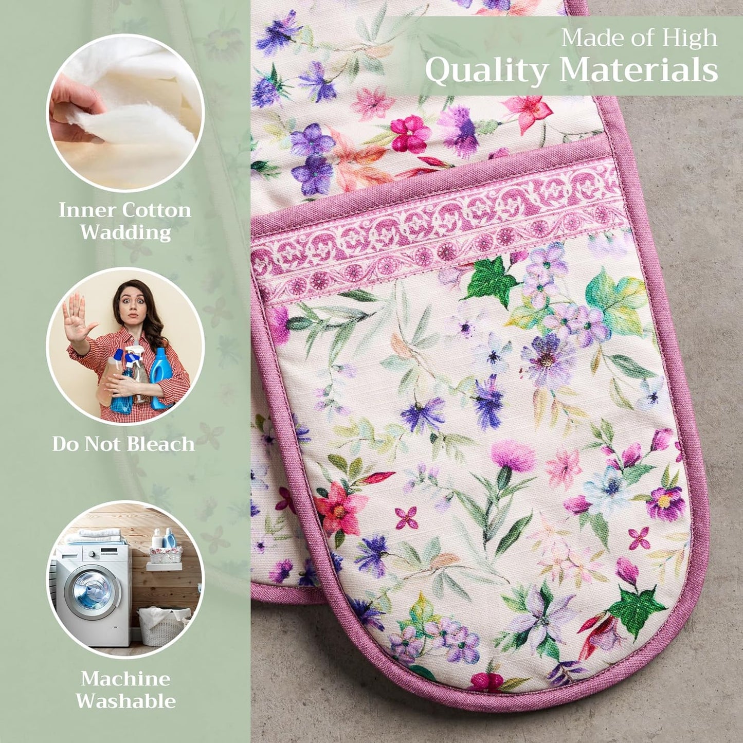 Maison d' Hermine Double Oven Mitts 100% Cotton 7"x35" Double Oven Mitt Heat Resistant BBQ Cooking Gloves with Loop, Baking, Grilling, Home, Kitchen, Handling Hot Pans Spring Summer (Chardon)