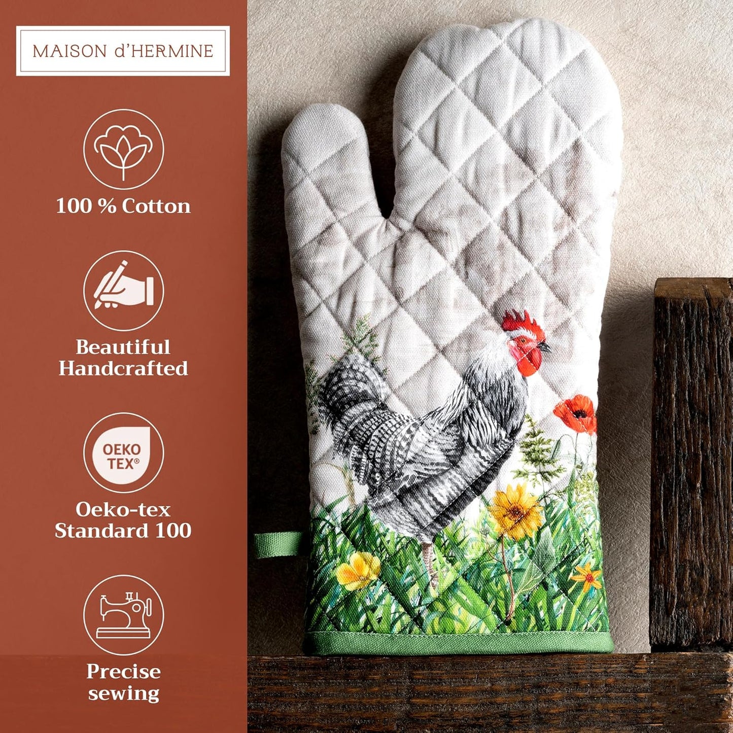 Maison d' Hermine Oven Gloves 100% Cotton Oven Mitt 7" x 13" with Loop Heat Resistant, BBQ, Cooking Gloves, Baking, Grilling, Kitchen, Handling Hot Pans Spring/Summer (Pack of 1, Basse Cour)