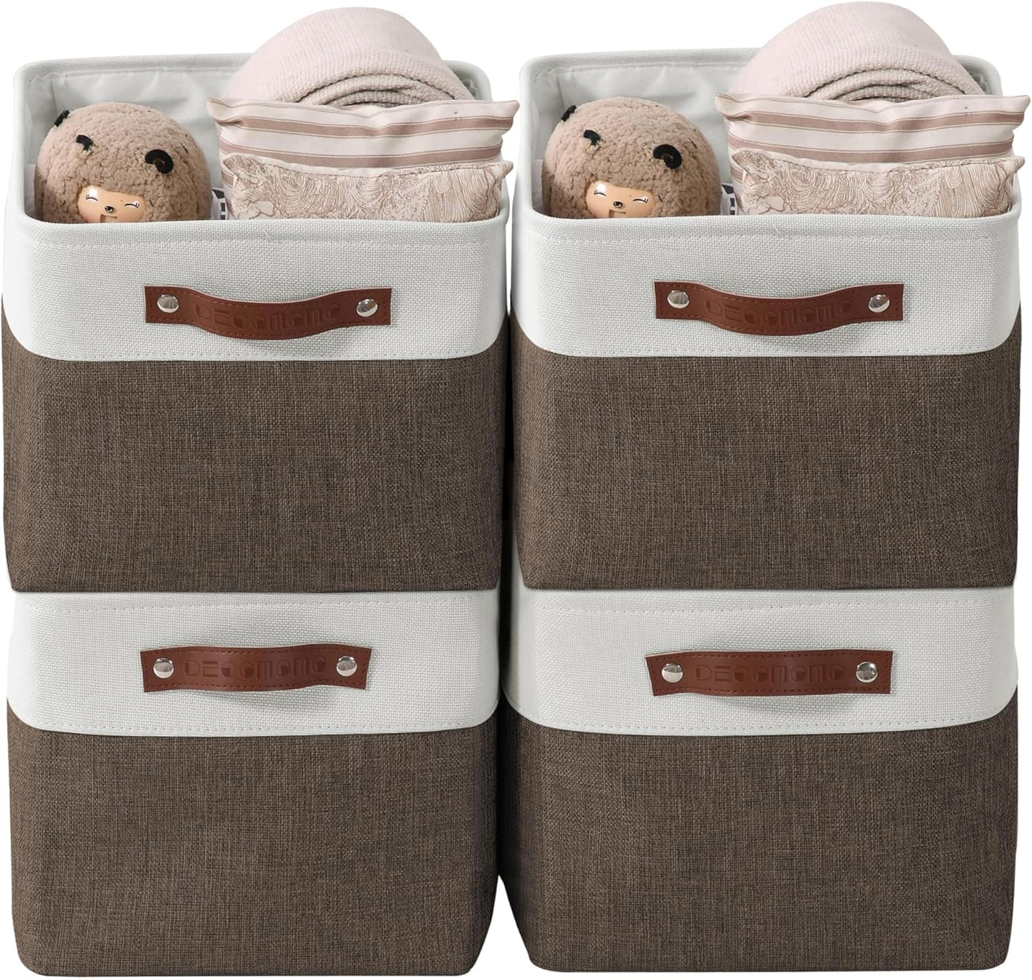 DECOMOMO Storage Baskets for Shelves - Fabric Storage Bins, Linen Closet Organizers and Storage (Brown & White, Large - 4 Pack)