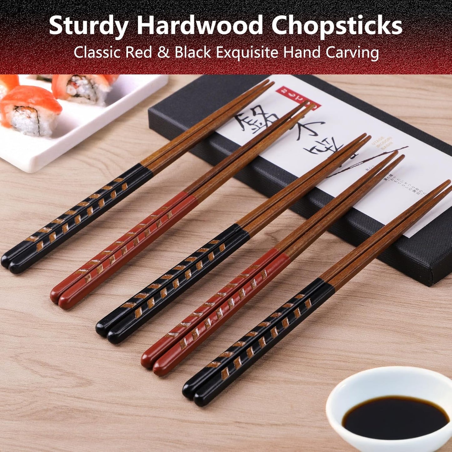 Antner 5 Pairs Reusable Wooden Chopsticks Natural Hardwood Japanese Style Wood Chop Sticks Hand-Carved Non-Slip Design, 9 Inch (23cm), Gift Set in 2 Red & 3 Black