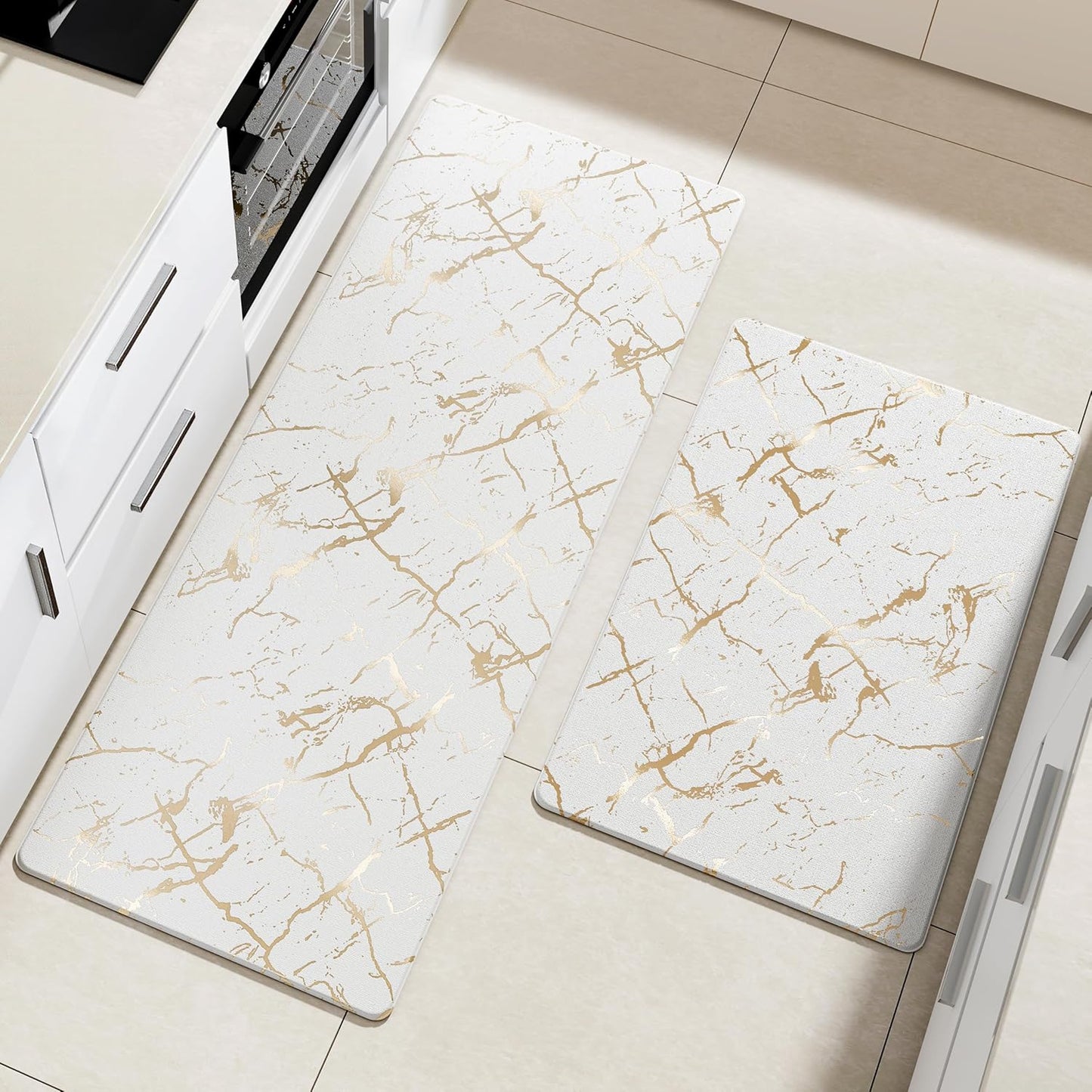 Gold Foil Stamped Marble Kitchen Mats for Floor 2PCS Cushioned Anti Fatigue Non Slip Waterproof Comfort Leather Kitchen Rugs 2/5 Inch PVC Kitchen Mats for Sink, Laundry, 17.3"x28"+17.3"x59",White