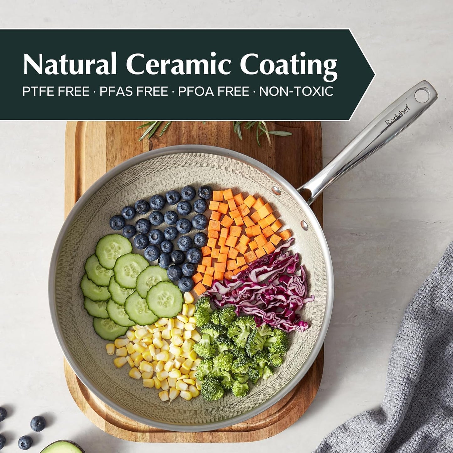 Redchef Non Stick Frying Pans, Hybrid Ceramic Frying Pan, Nonstick Skillet with Stay-Cool Handle, Non Toxic, PFAS PFOA & PTFE Free, Dishwasher & Oven Safe, Compatible with All Cooktops (8+10+12 inch)