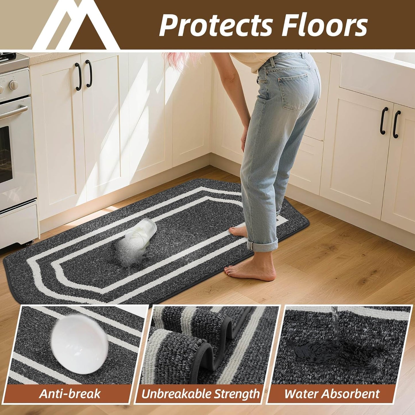 COSY HOMEER Kitchen Rugs and Mats Sets of 2PCS Non Slip Kitchen Mats for Floor Washable Kitchen Runner Stain Resistant Standing Mat for Kitchen,Sink,24"x48"+24"x59",Black