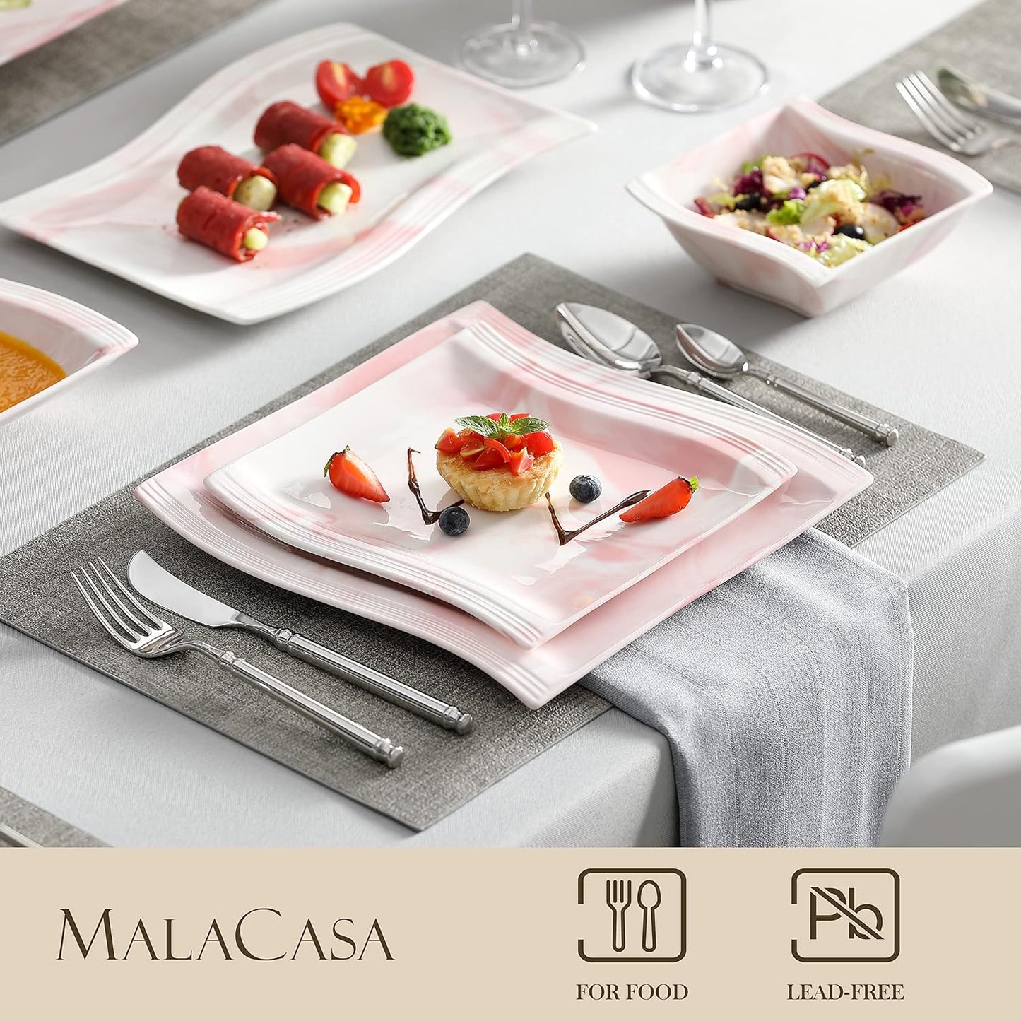 MALACASA Plates and Bowls Sets, 26 Pieces Pink Dinnerware Sets for 6, Porcelain Dinnerware Set with Dinner Plates and Bowls, Serving Platters, Square Dishware Sets, Modern Dish Set, Series Flora
