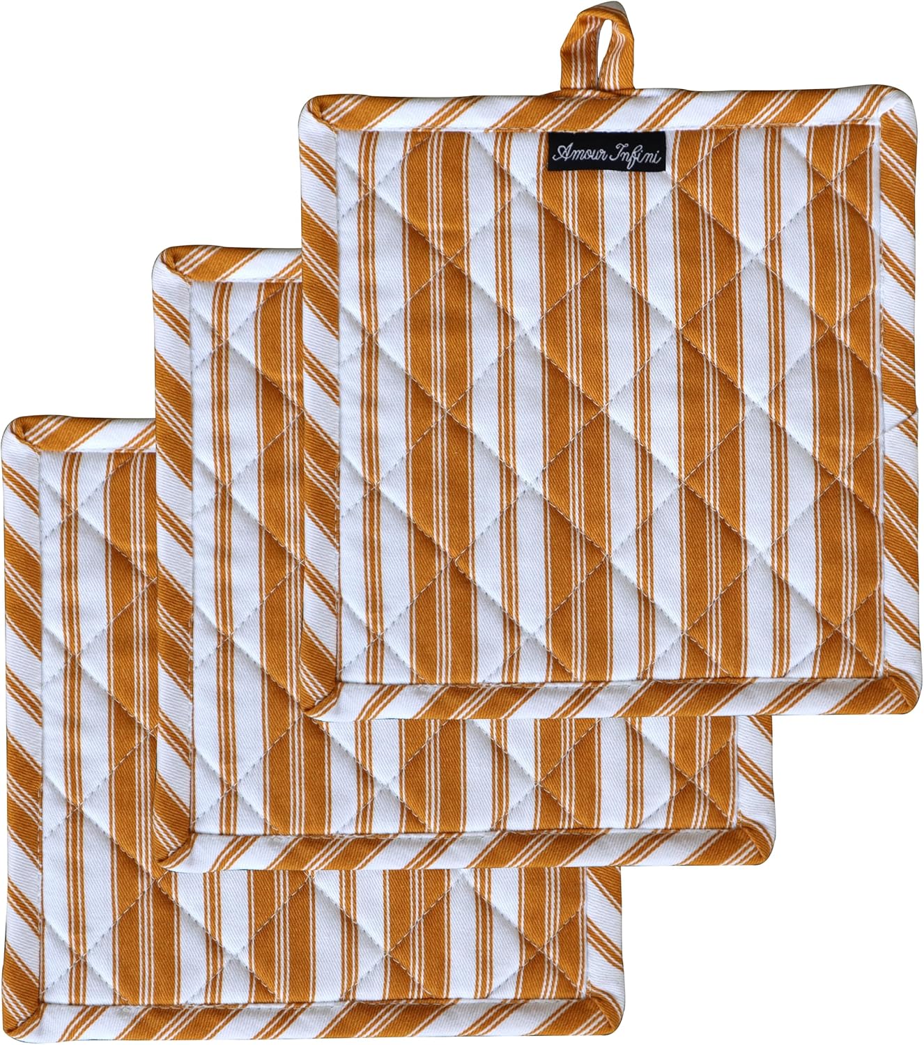 AMOUR INFINI Double Stripe Pot Holders Heat Resistant Cotton Set of 3 Nonslip 8"x8" Inch Hot Pads for Kitchen, BBQ, Baking & Cooking with Hanging Loops (Yellow)