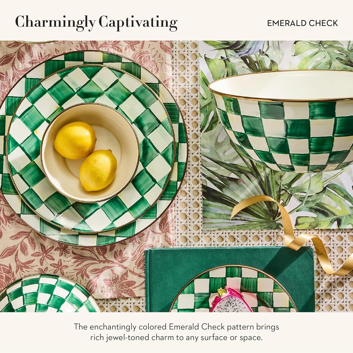 MACKENZIE-CHILDS Enamel Everyday Bowl, Serving Bowl for Entertaining, Large, Green-and-White Emerald Check