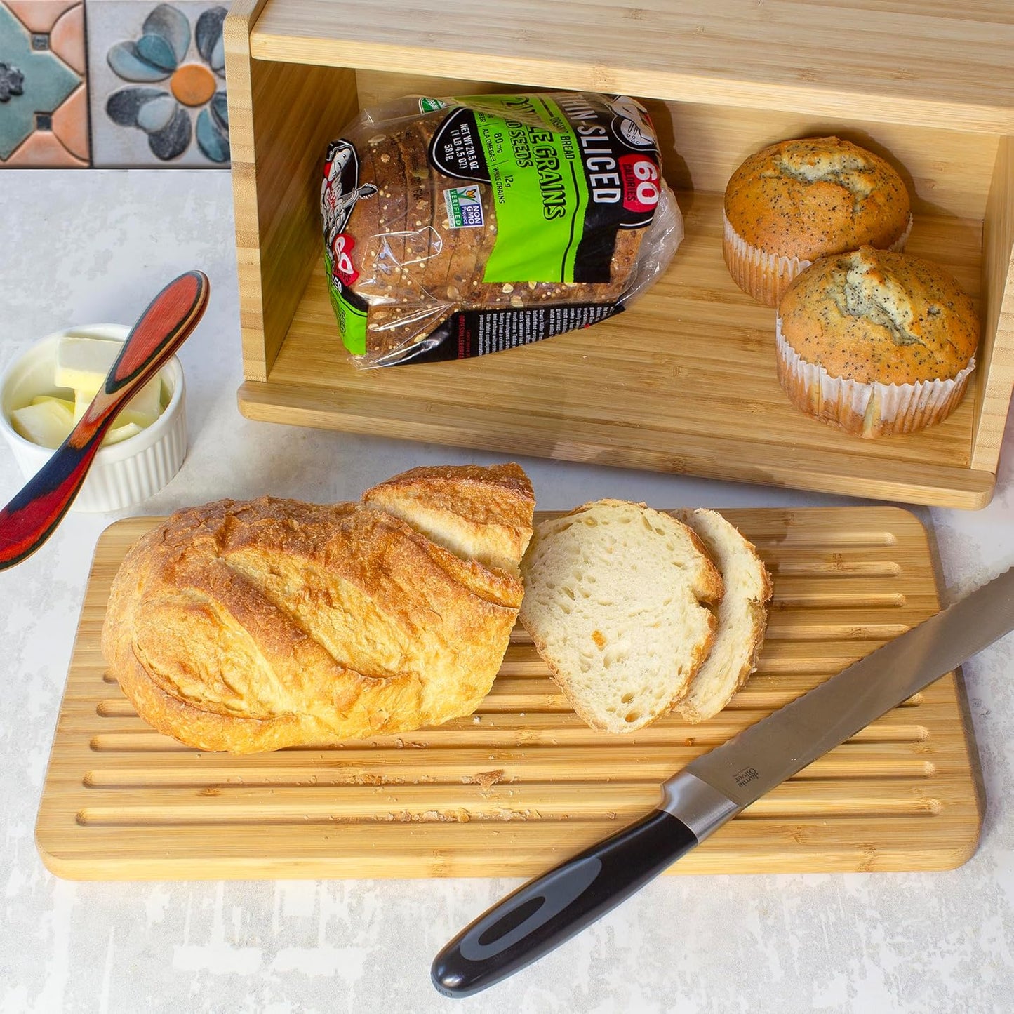 Totally Bamboo Bread Box for Kitchen Countertop – Bamboo Wood Bread Storage Container with Removable Cutting Board Lid and Crumb Catcher | Bread Bin for Loaves and Baked Goods