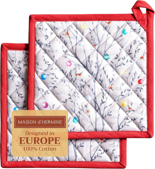 Maison d' Hermine Pot Holders Set 100% Cotton Heat Resistant Potholders 8" x 8" Hot Pads with Loop BBQ, Cooking, Baking, Grilling, Kitchen, Handling Hot Pans (Pack of 2, Fairy Christmas)