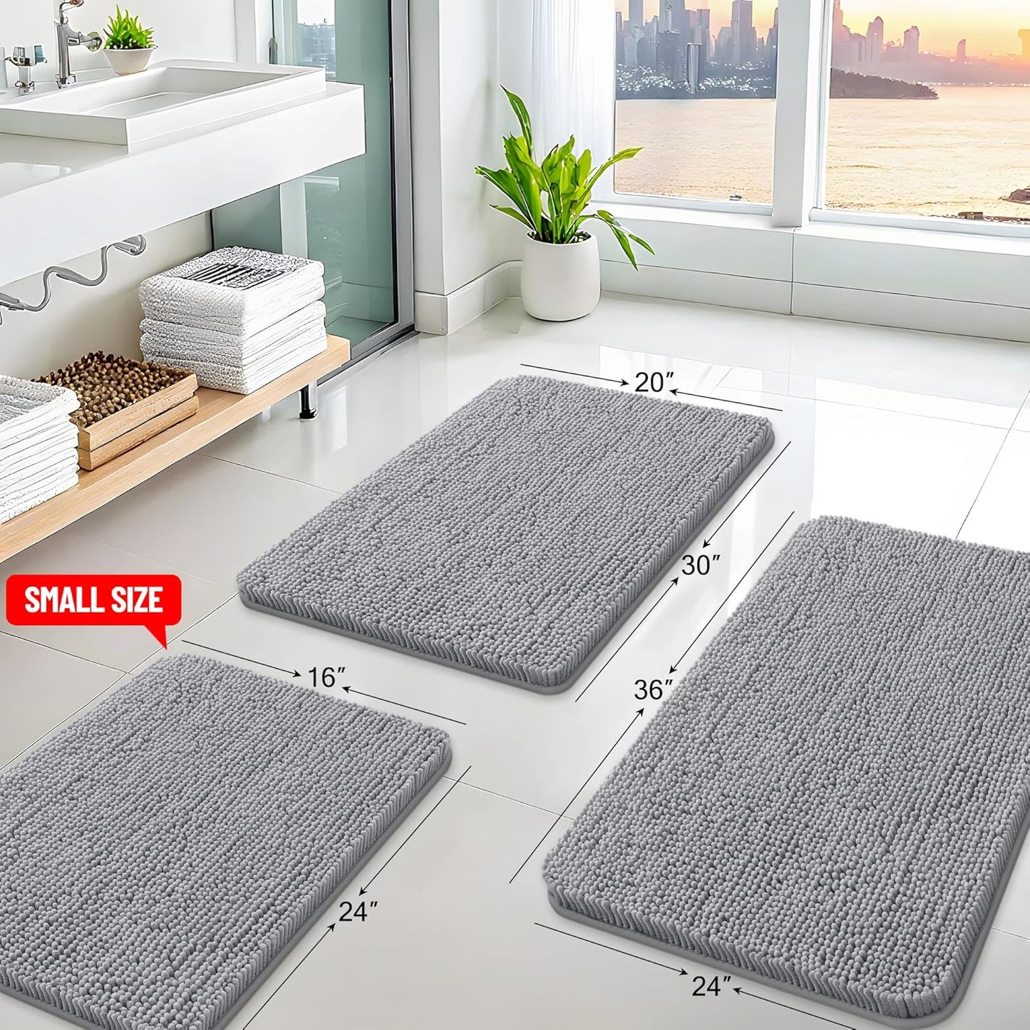 Arotive Bathroom Rugs 44x24, Extra Soft Absorbent Shaggy Chenille Bath Rugs, Machine Washable Rubber Backing Non-Slip Bath Mats for Bathroom Floor Tub and Shower, Home Decor Accessories, Grey