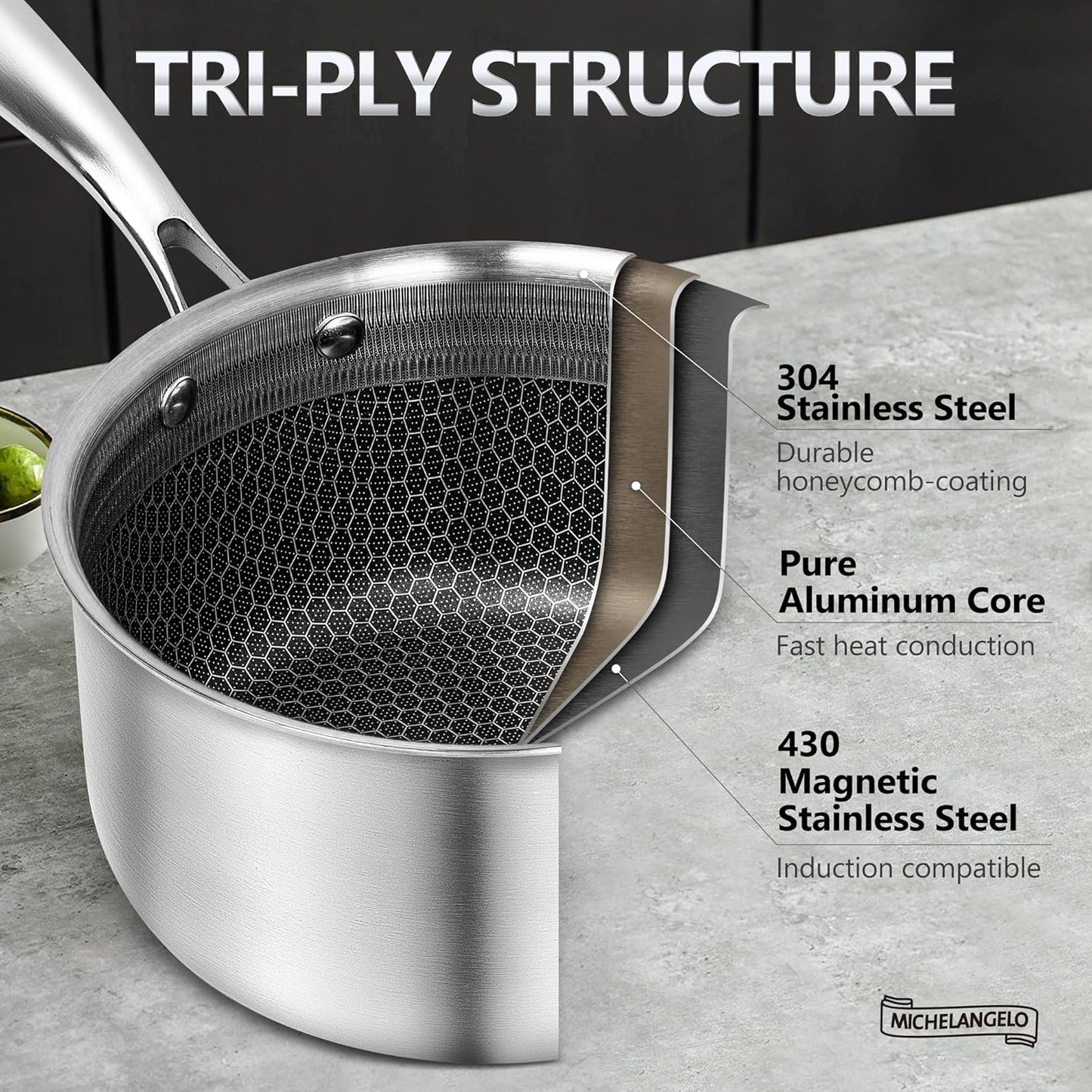 MICHELANGELO 3 Quart Saucepan with Lid, Premium Triple Ply Stainless Steel Sauce Pan with Lid, Sauce Pot with Honeycomb Interior - 3QT