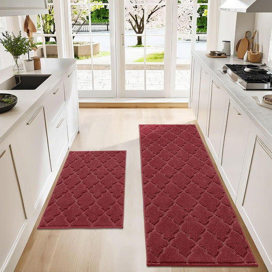 COSY HOMEER Soft Kitchen Rugs [2 PCS] for in Front of Sink Super Absorbent Kitchen Floor Mats and Mats 24x35 Inch/24X60 Non-Skid Kitchen Mat Standing Mat Washable,Polyester,Red