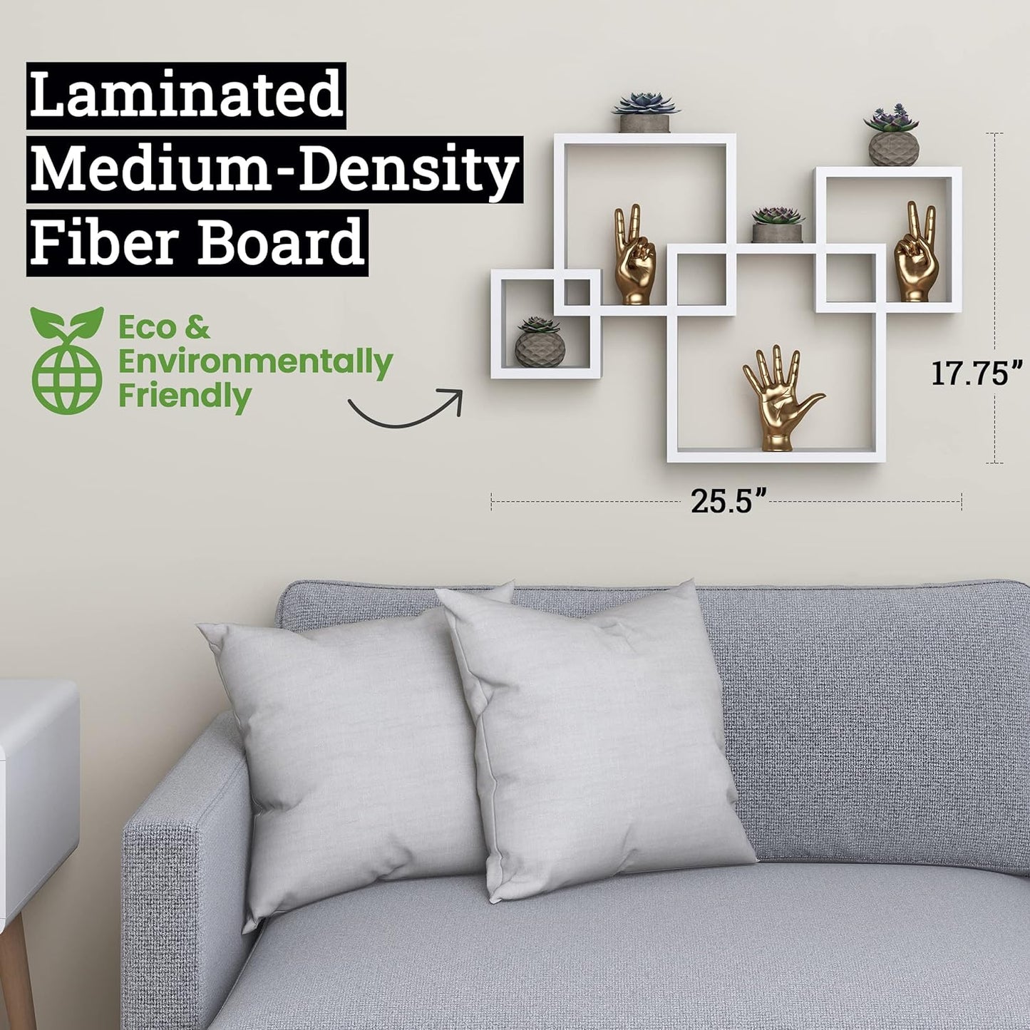 Greenco 4 Cube Intersecting Shelves, Easy-to-Assemble Floating Wall Mount Shelves for Bedrooms and Living Rooms, Rustic White Finish