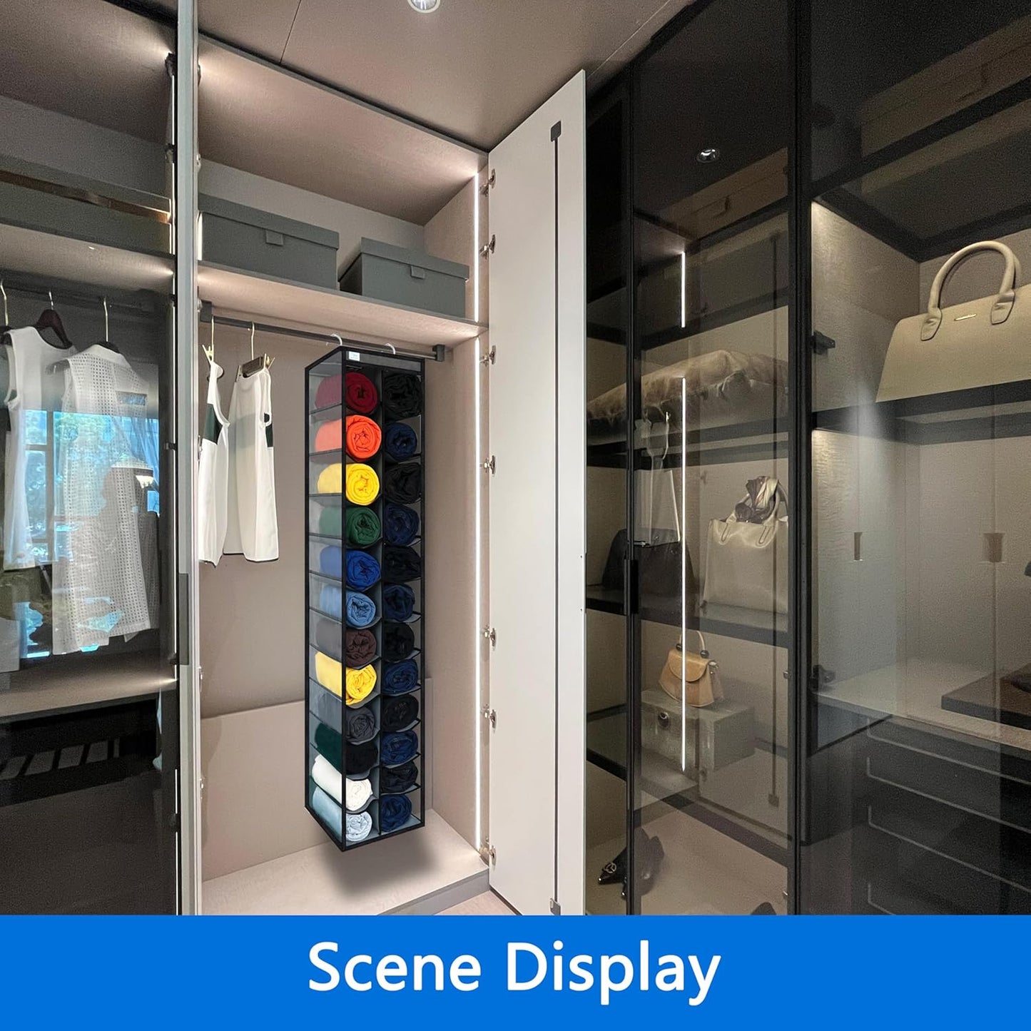 Closet Organization,24 Section, Hanging Closet Organizer, Space Saving, College Dorm Essentials for Girls, Heavy dutys Hooks Up to 45 Pounds, Clothes Storage,Closet Organizer,Grey/Black