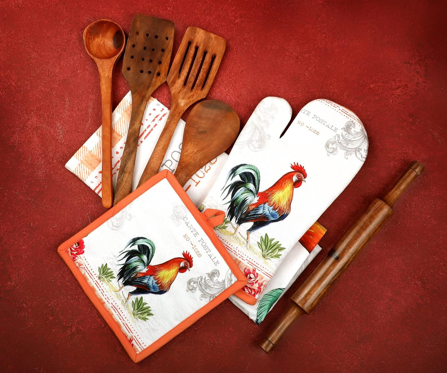 AMOUR INFINI Oven Mitts and Pot Holders Sets Heat Resistant, Non-Slip 1 Oven Mitt and 1 Pot Holder BBQ Party Baking Kitchen Set (Farm Rooster Design)