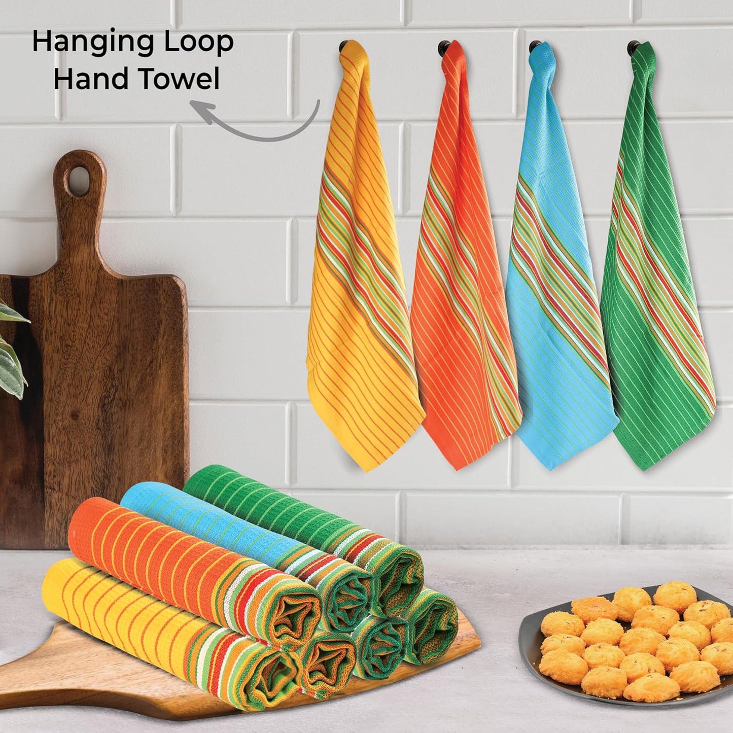 Urban Villa Salsa Stripe KitchenTowels 100% Cotton Dish Towels for Kitchen Multi Color Highly Absorbent Multi-Purpose Waffle Dish Cloths for Cleaning Soft Hand Bar Towels 20x30 Inches (Set of 8)