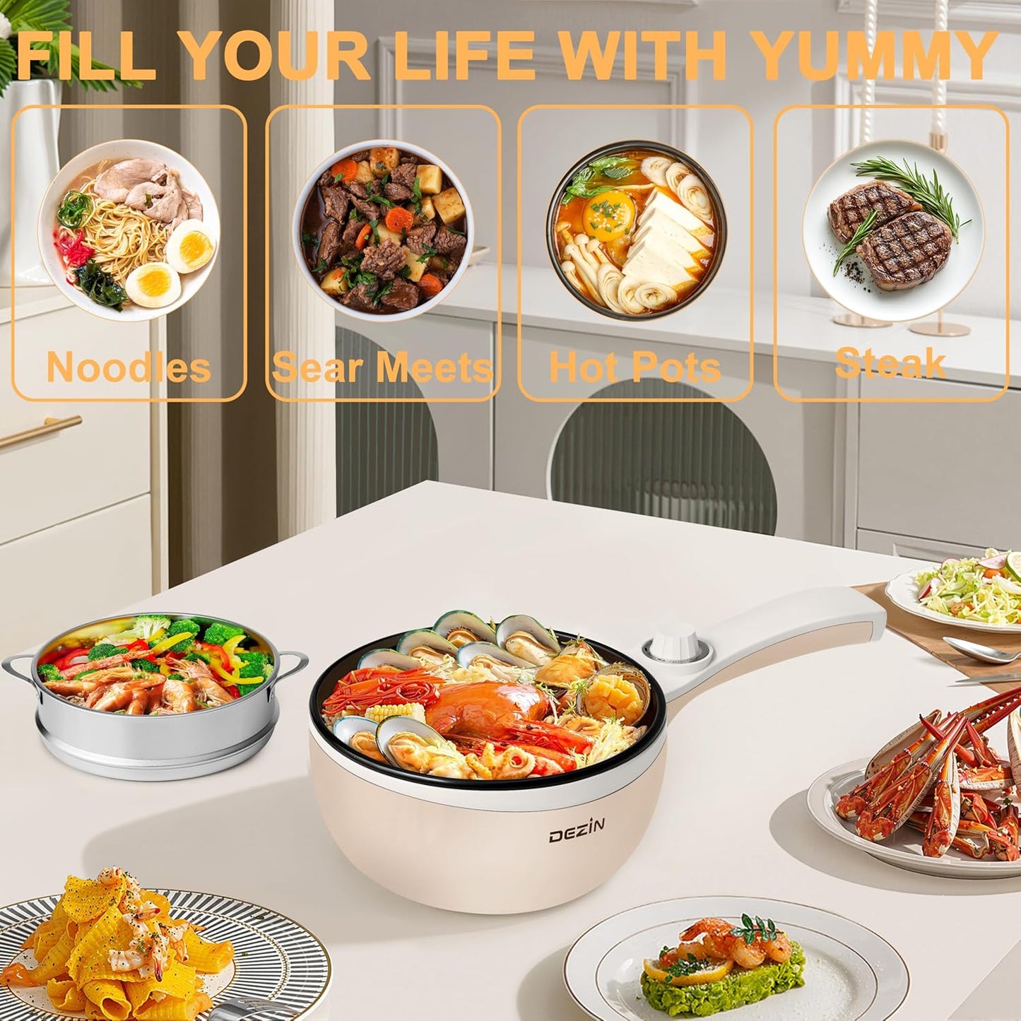 Dezin Hot Pot Electric with Steamer Upgraded, Non-Stick Sauté Pan, Rapid Noodles Electric Pot, 1.5L Mini Pot for Steak, Egg, Fried Rice, Ramen, Oatmeal, Soup with Power Adjustment